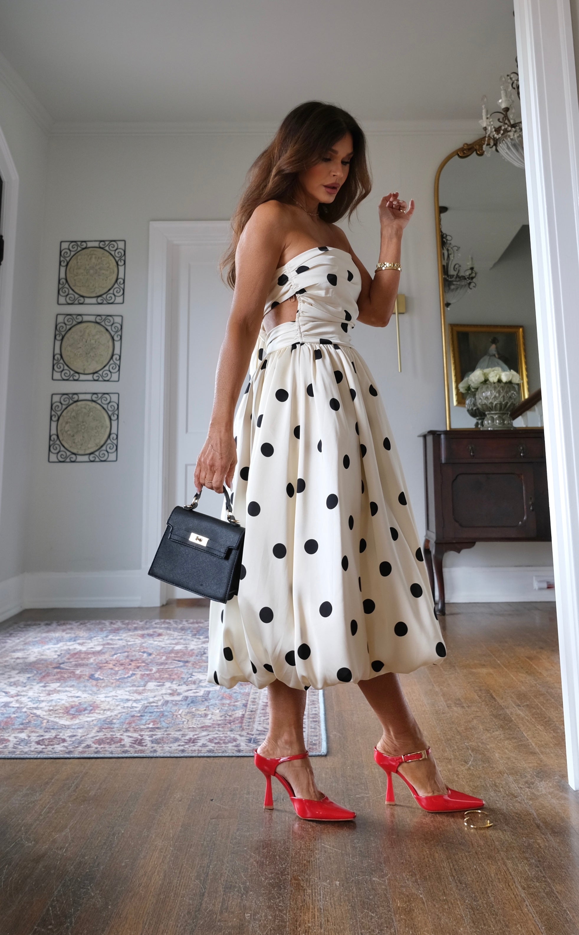 Katia black and white polka dot strapless bubble dress