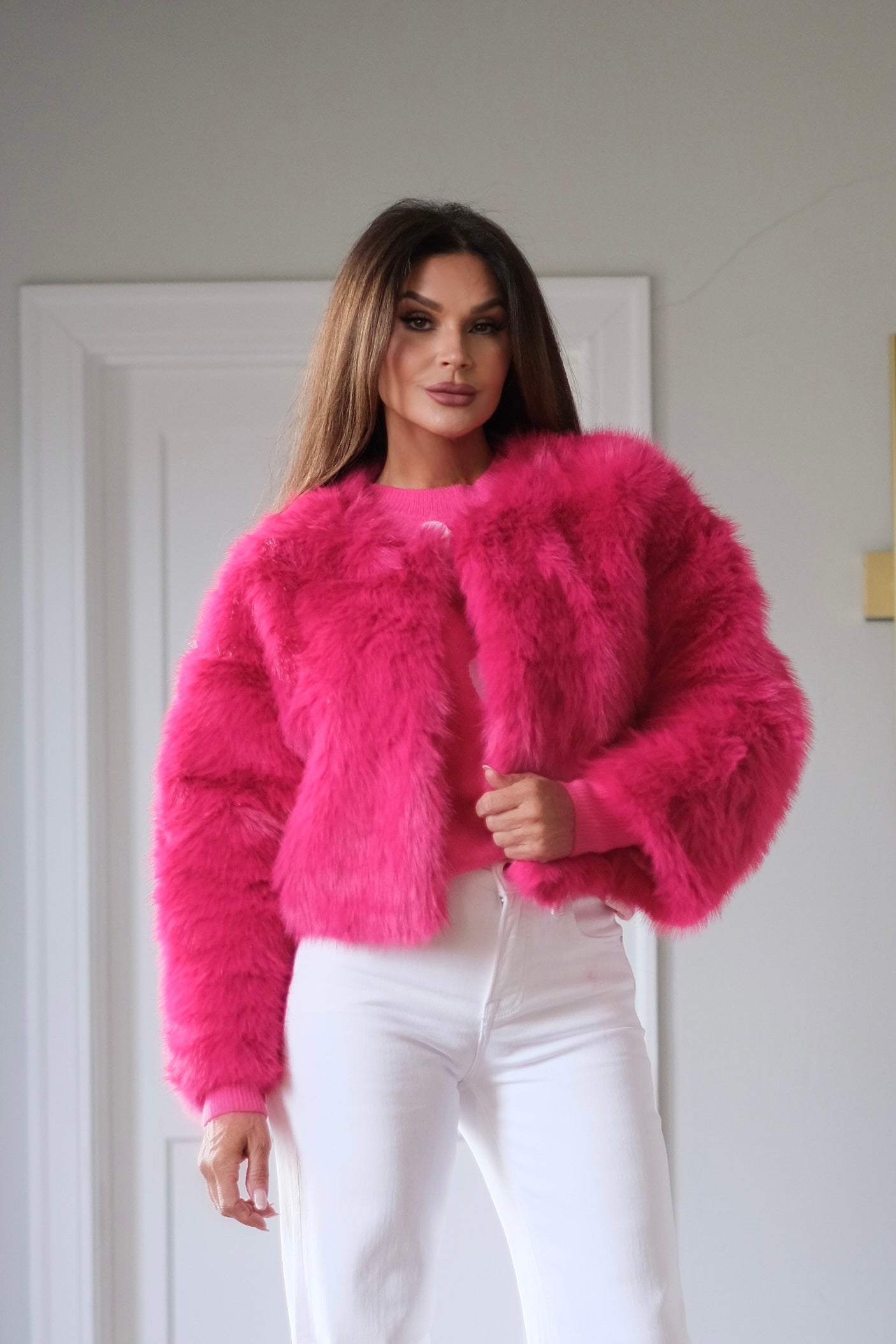 Millena fuchsia faux fur crop coat