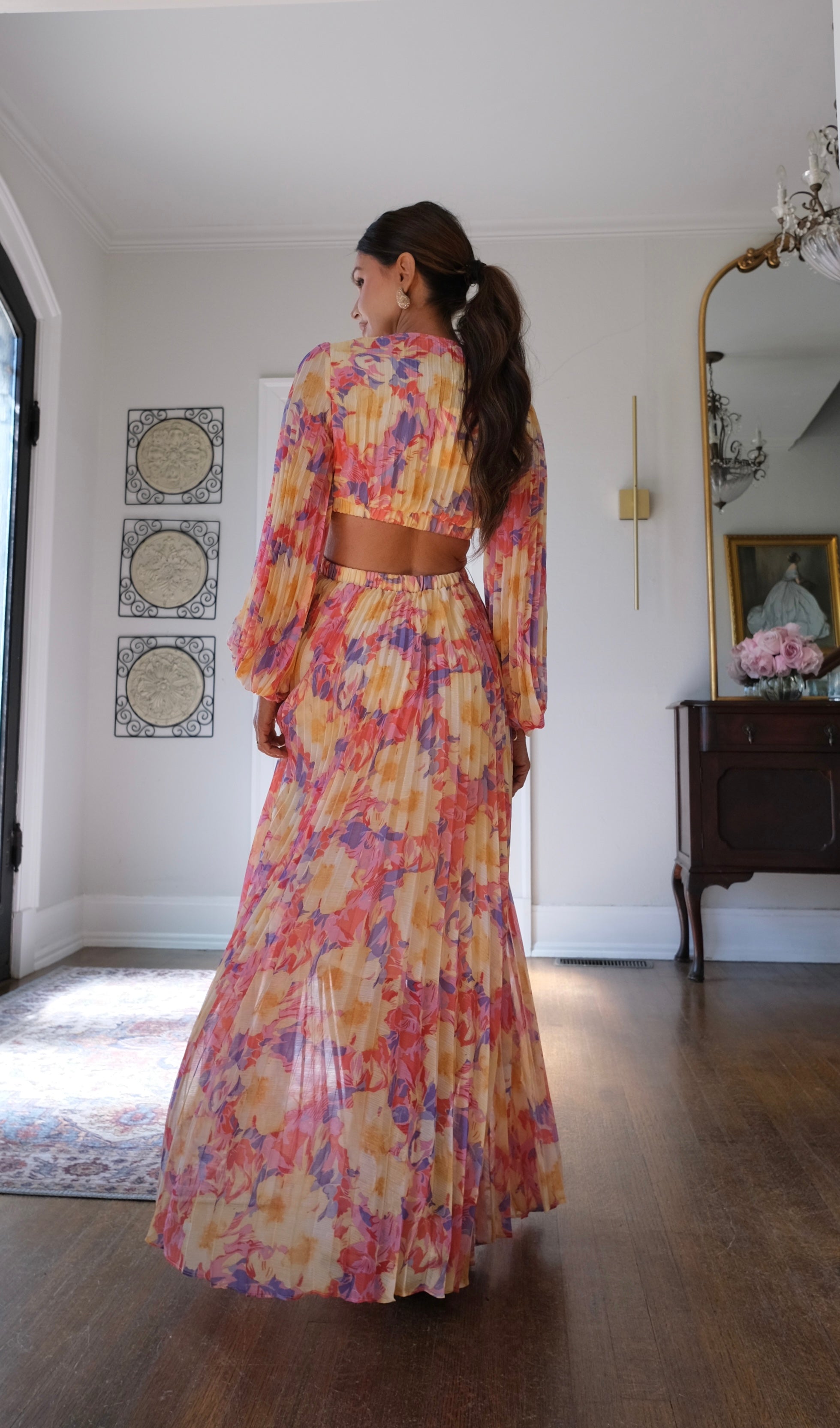 Revery yellow pink floral pleats maxi dress with cut outs