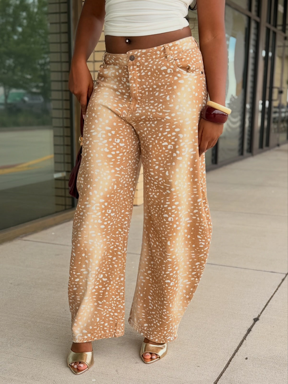 Bambi Khaki Fawn Print Wide Leg Pants