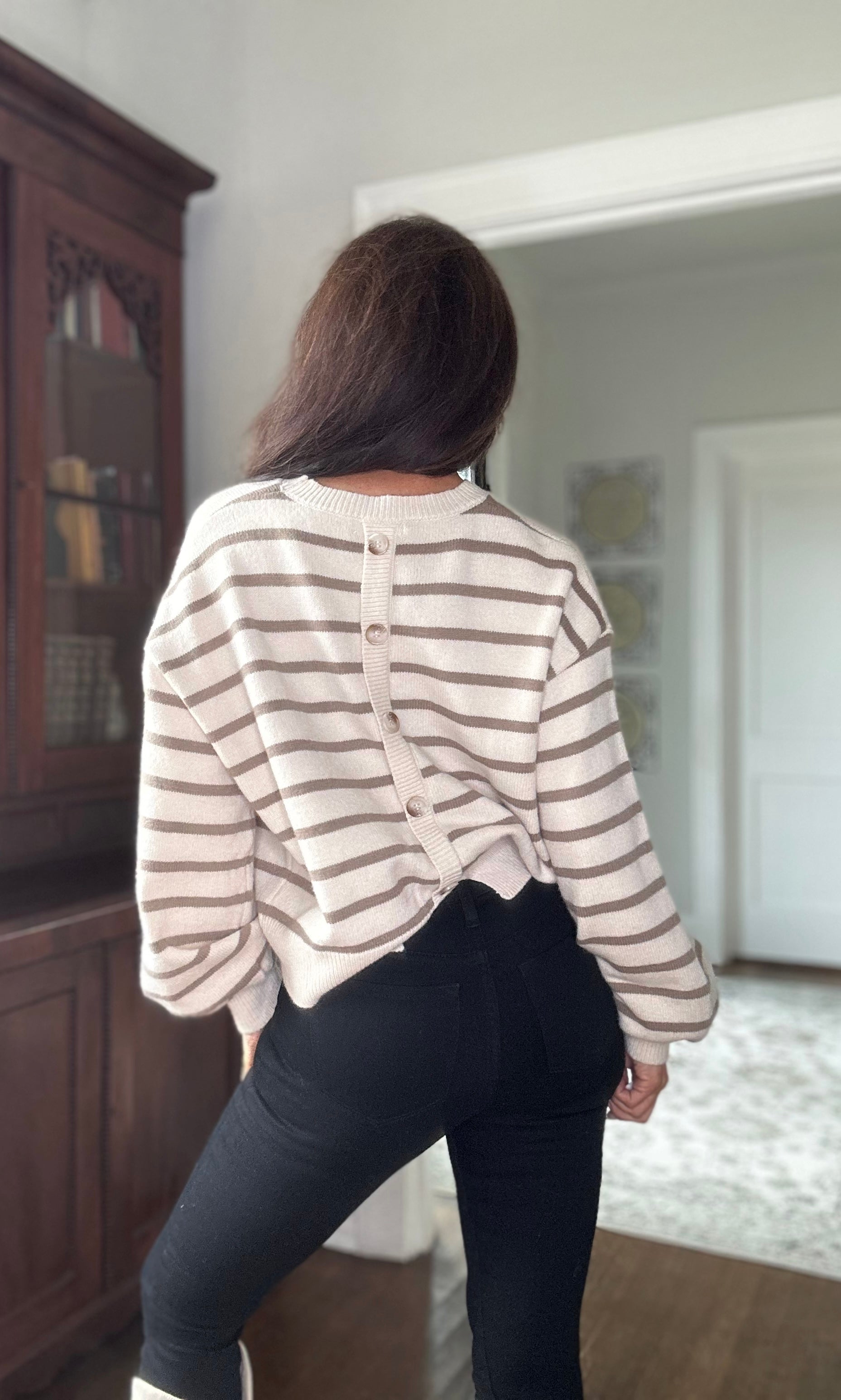 Cora cream and camel striped faux button sweater