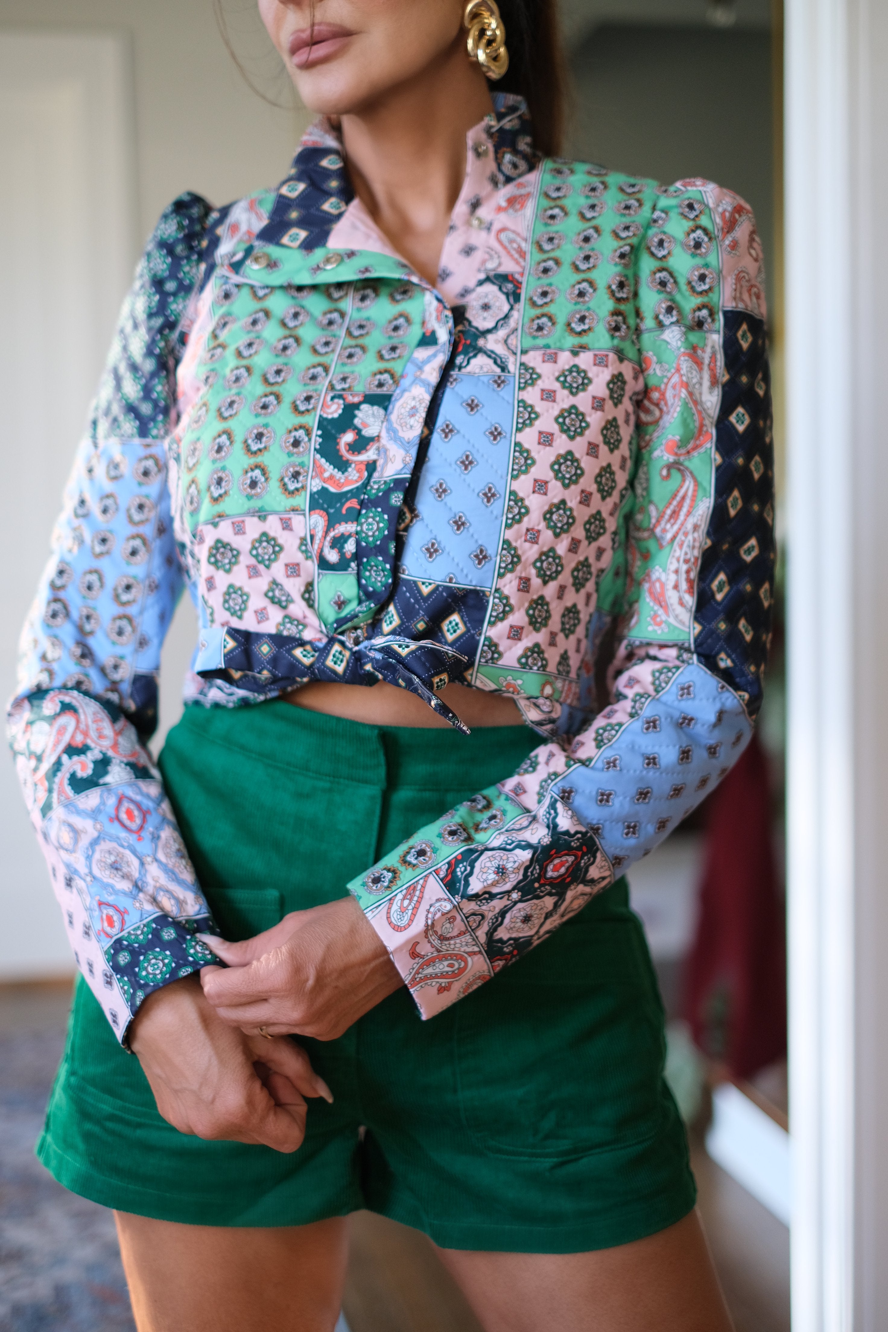 Paisley Kelly Green Multi Colored Quilted Cropped Jacket