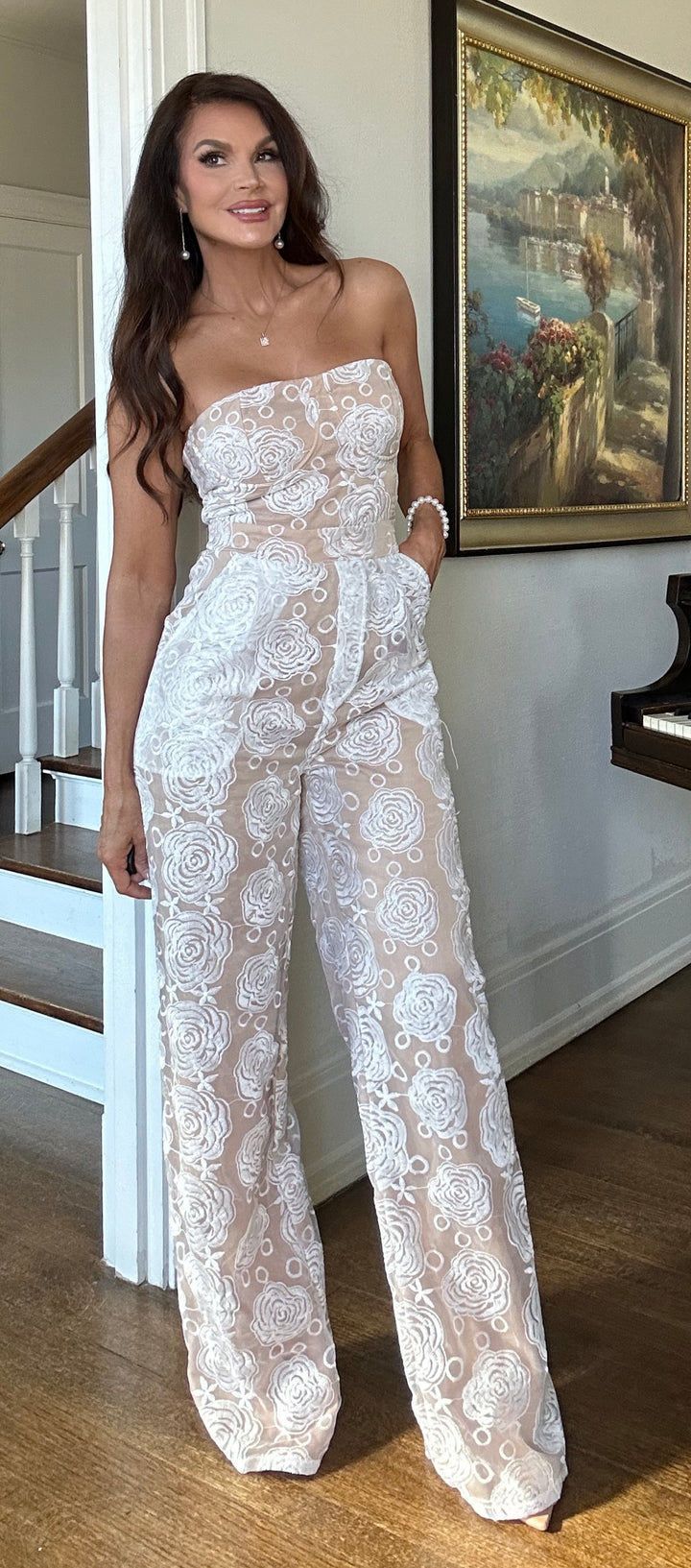 Camille white and nude embroidery and lace tube jumpsuit