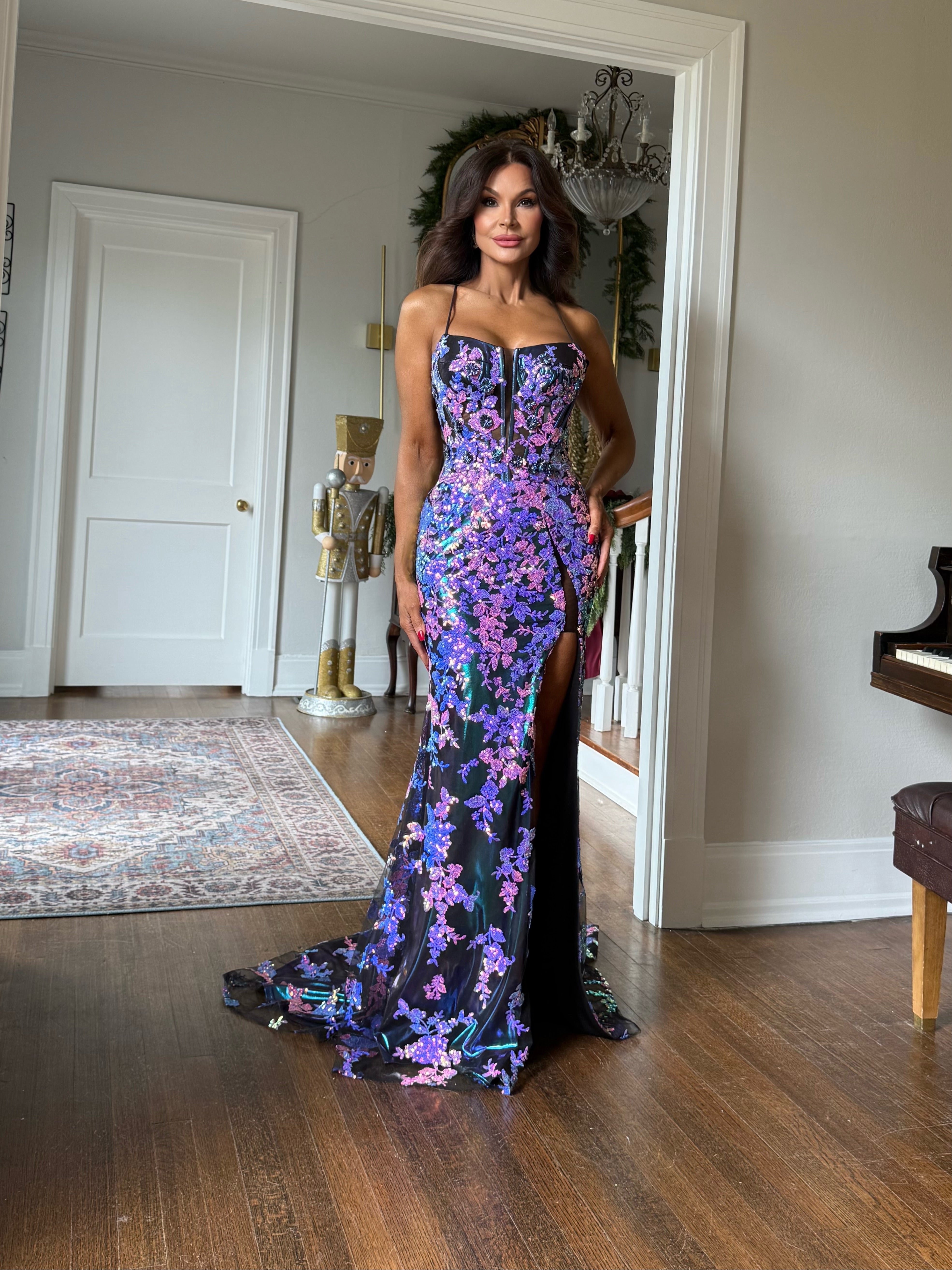 Stephanie purple sequin formal with floral embroidery