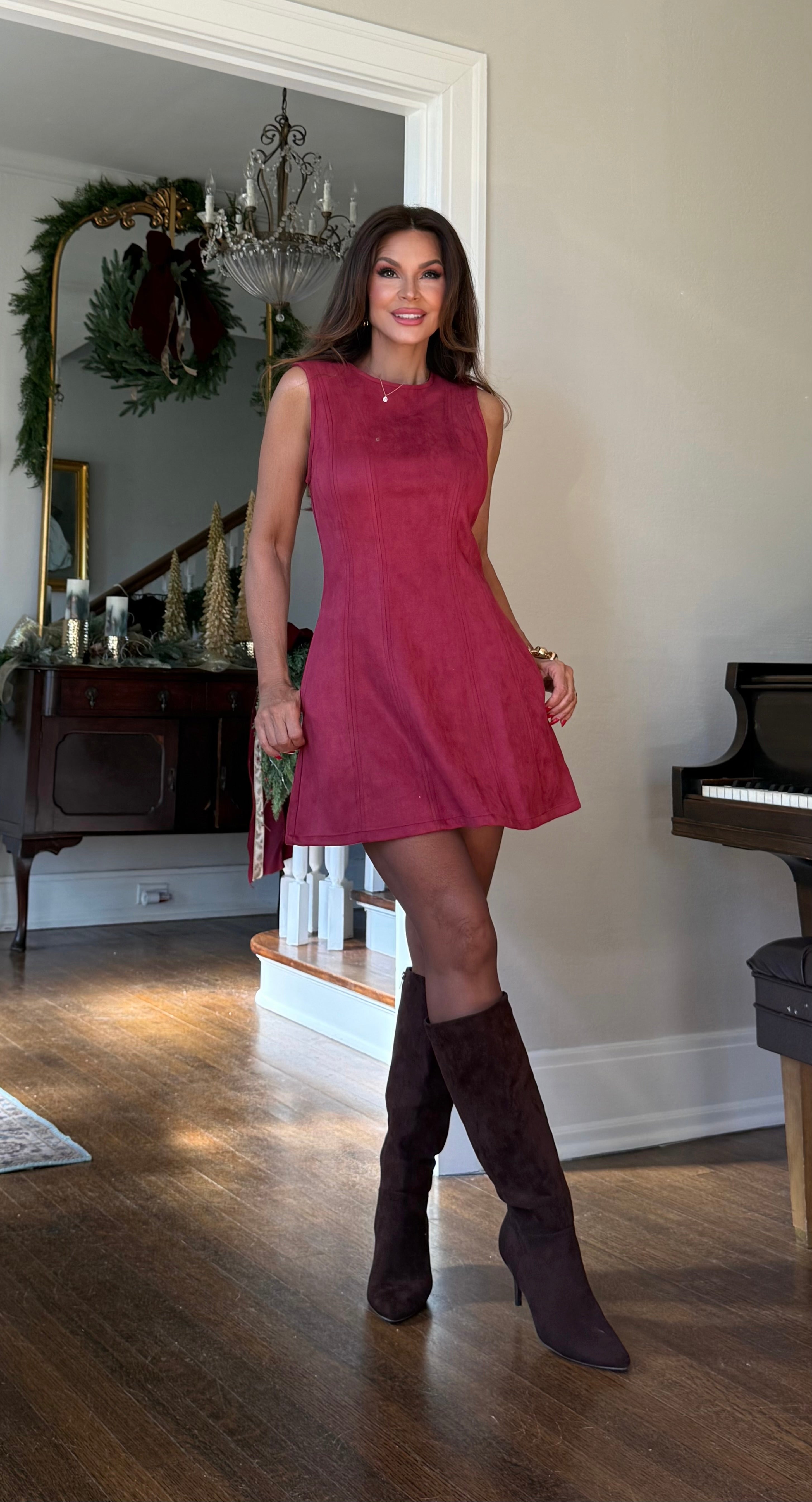 Emory Light Maroon Suede Round Neck Circle Mini Dress