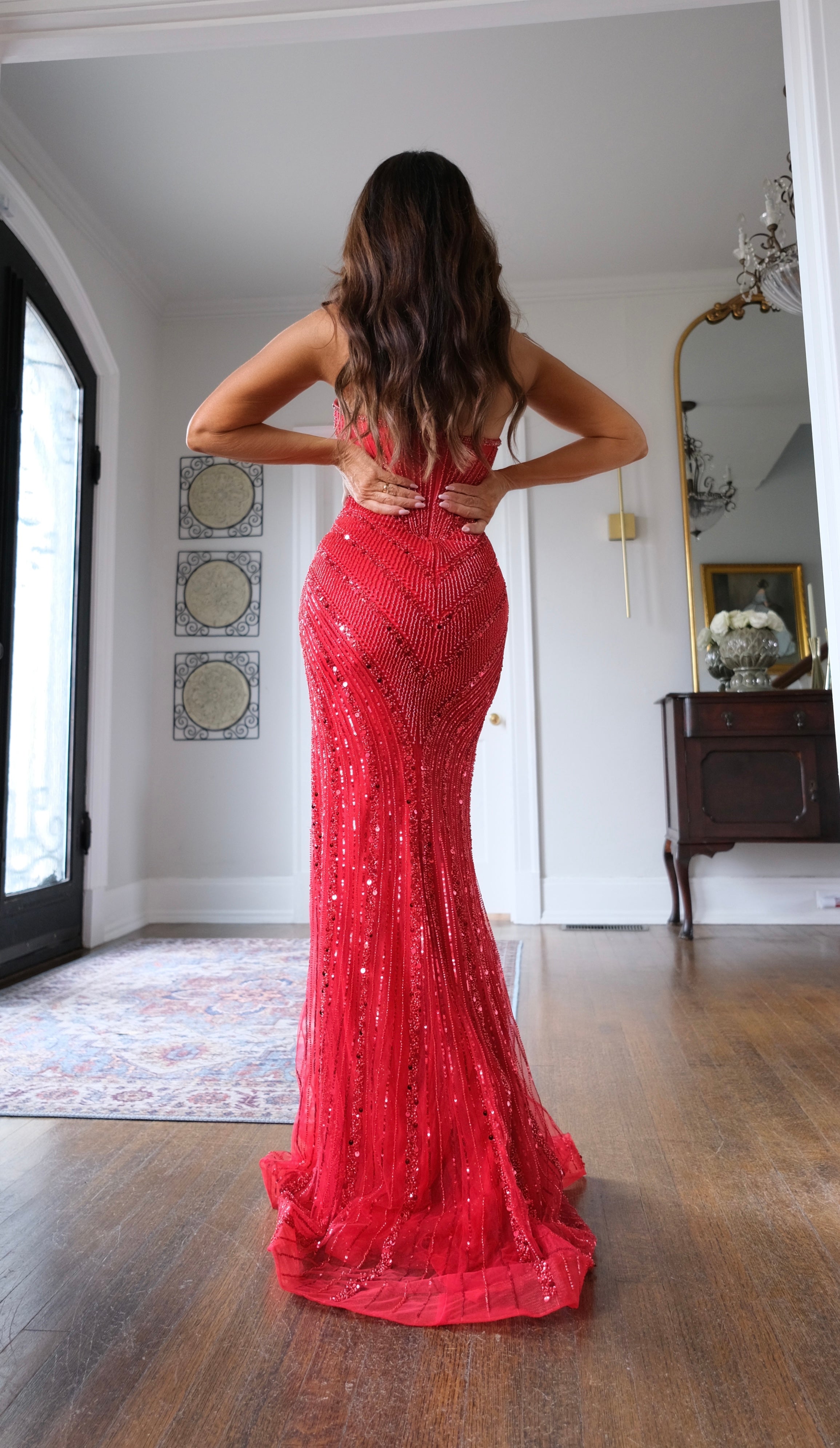 Hera red strapless beaded fitted mermaid formal dress