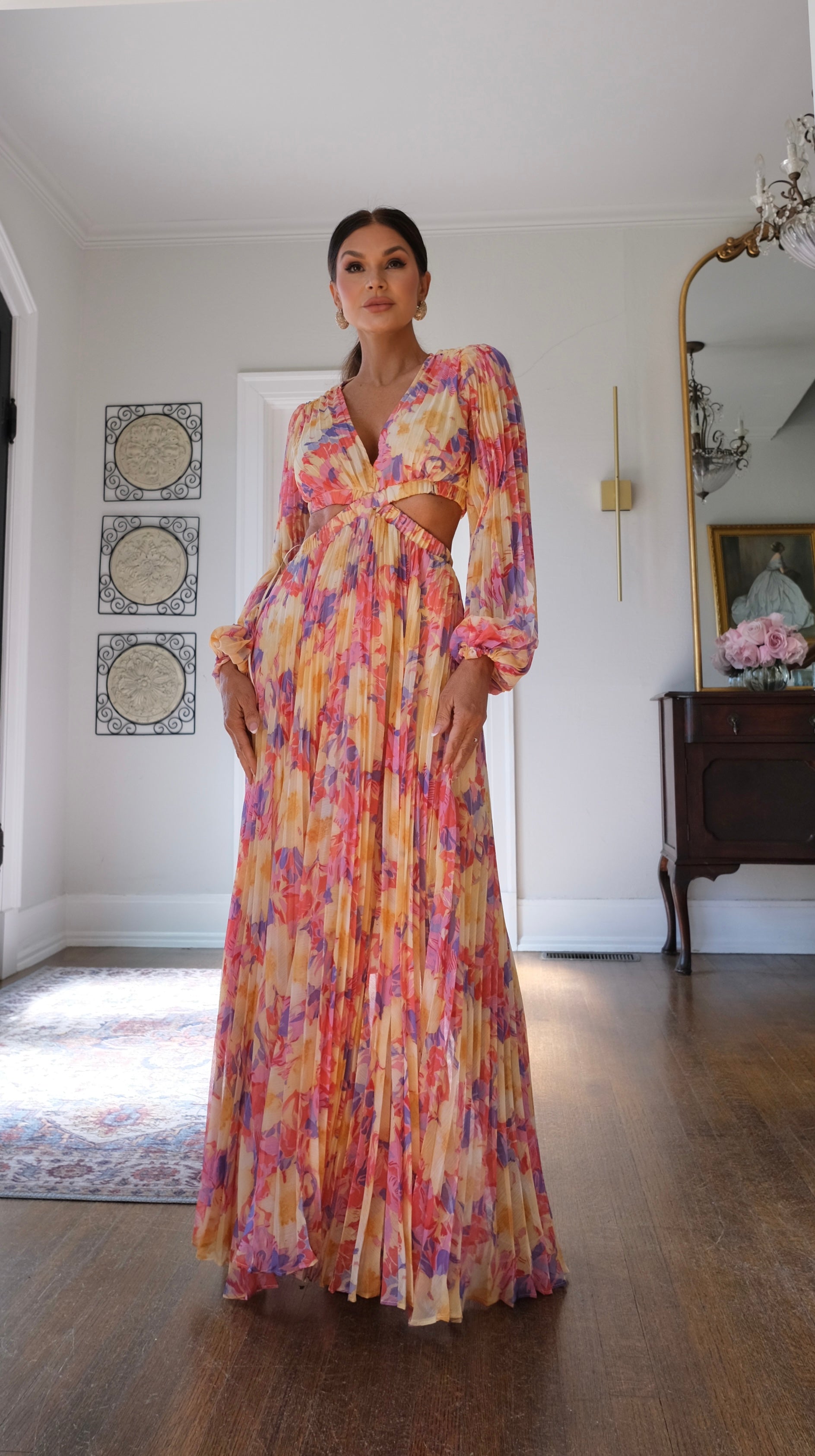 Revery yellow pink floral pleats maxi dress with cut outs