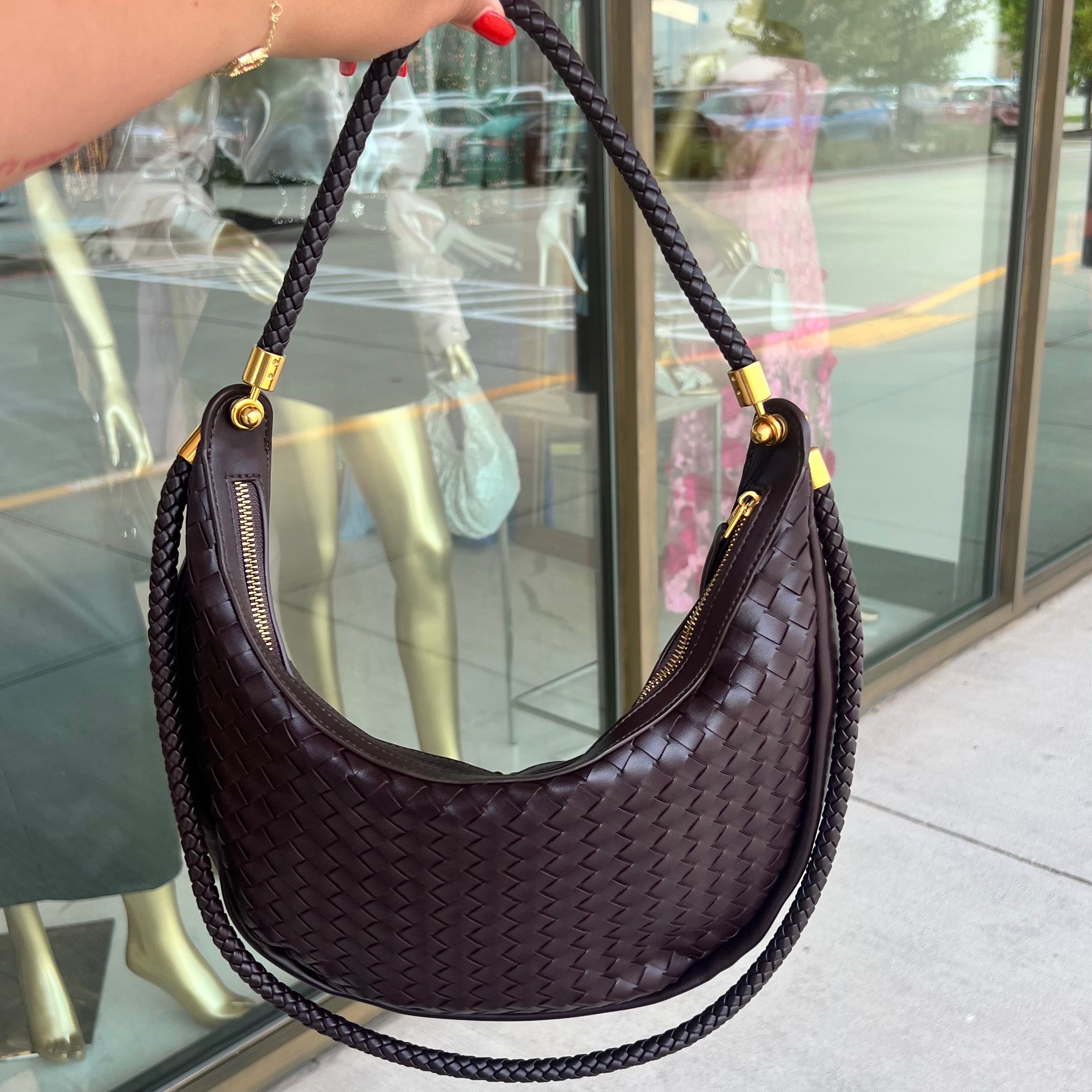 Helene Chocolate Woven Hobo Bag