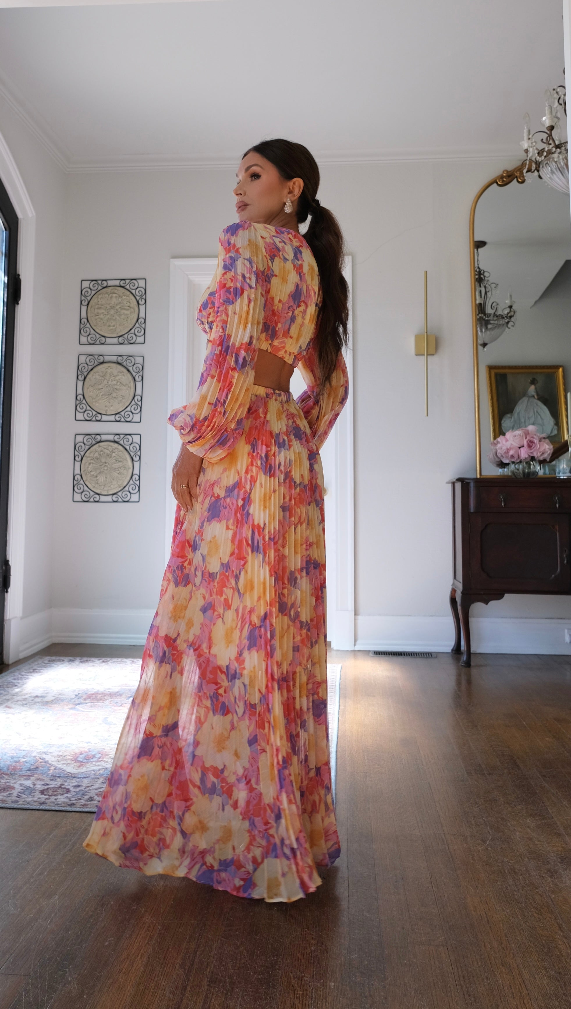 Revery yellow pink floral pleats maxi dress with cut outs