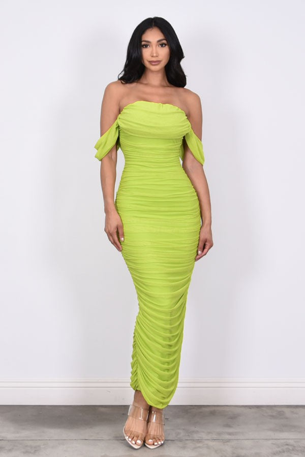 Virginia chartreuse mesh off shoulder midi dress