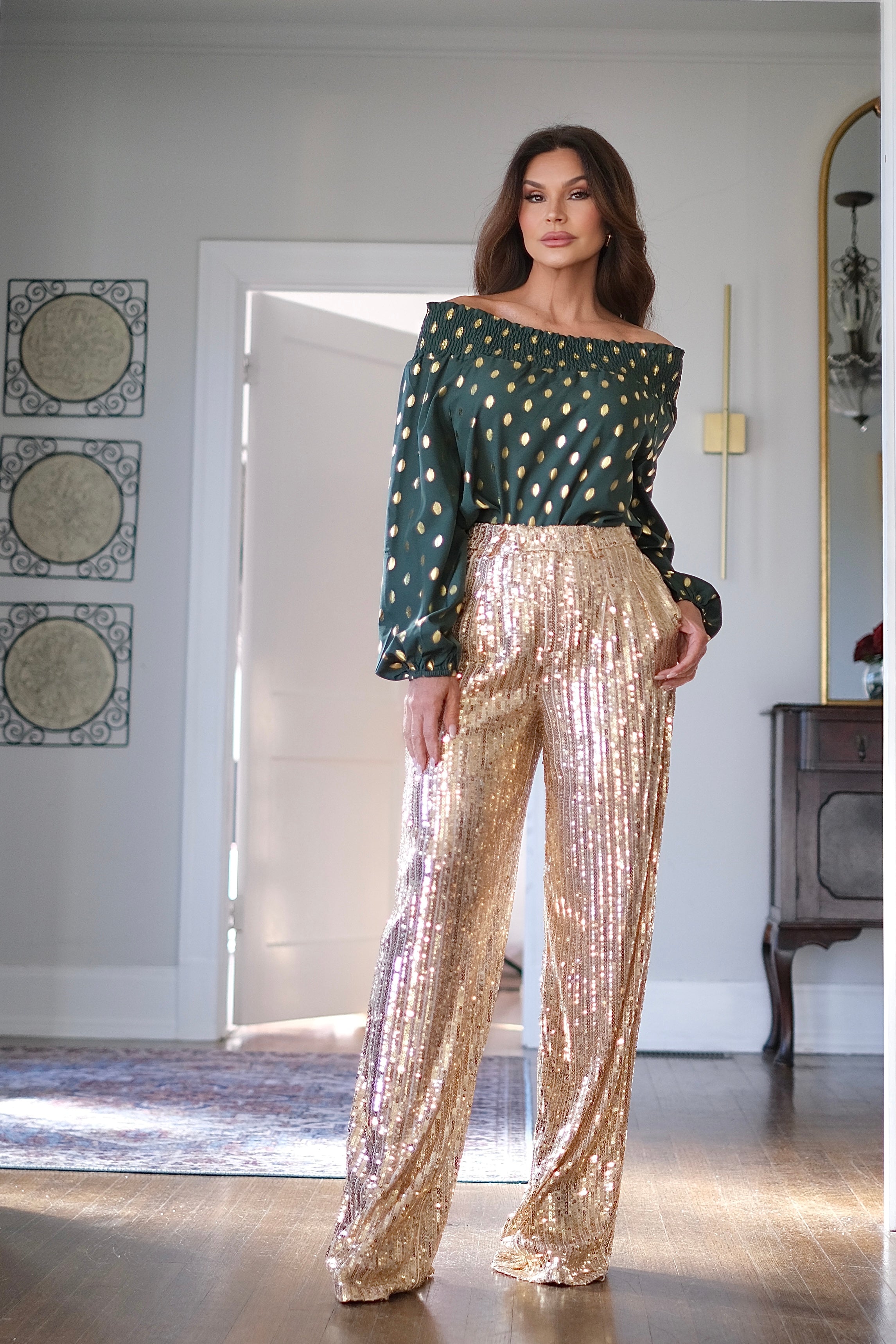 Rhone gold sequin structured trouser pant