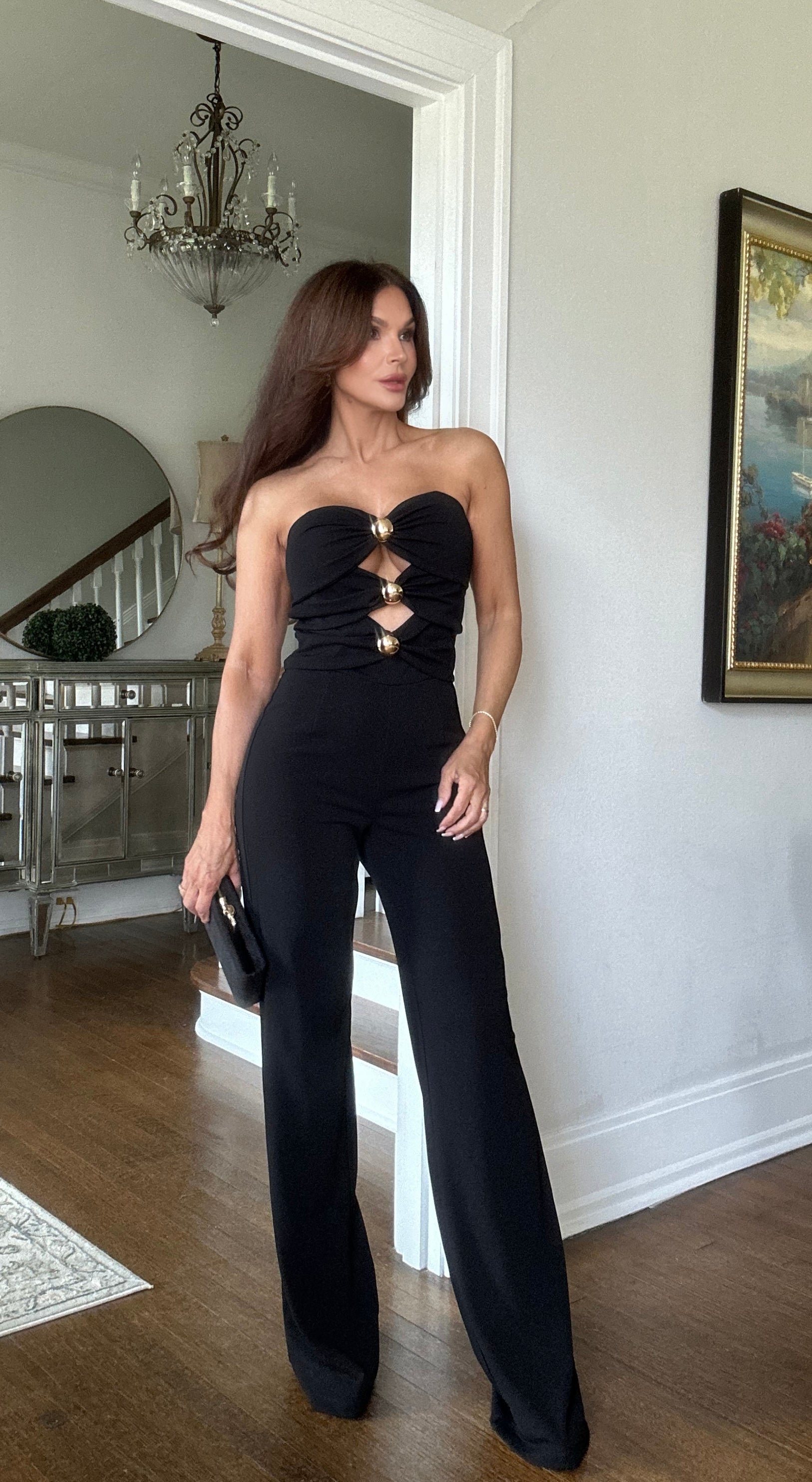 Jaylene black strapless peak a boo button jumpsuit