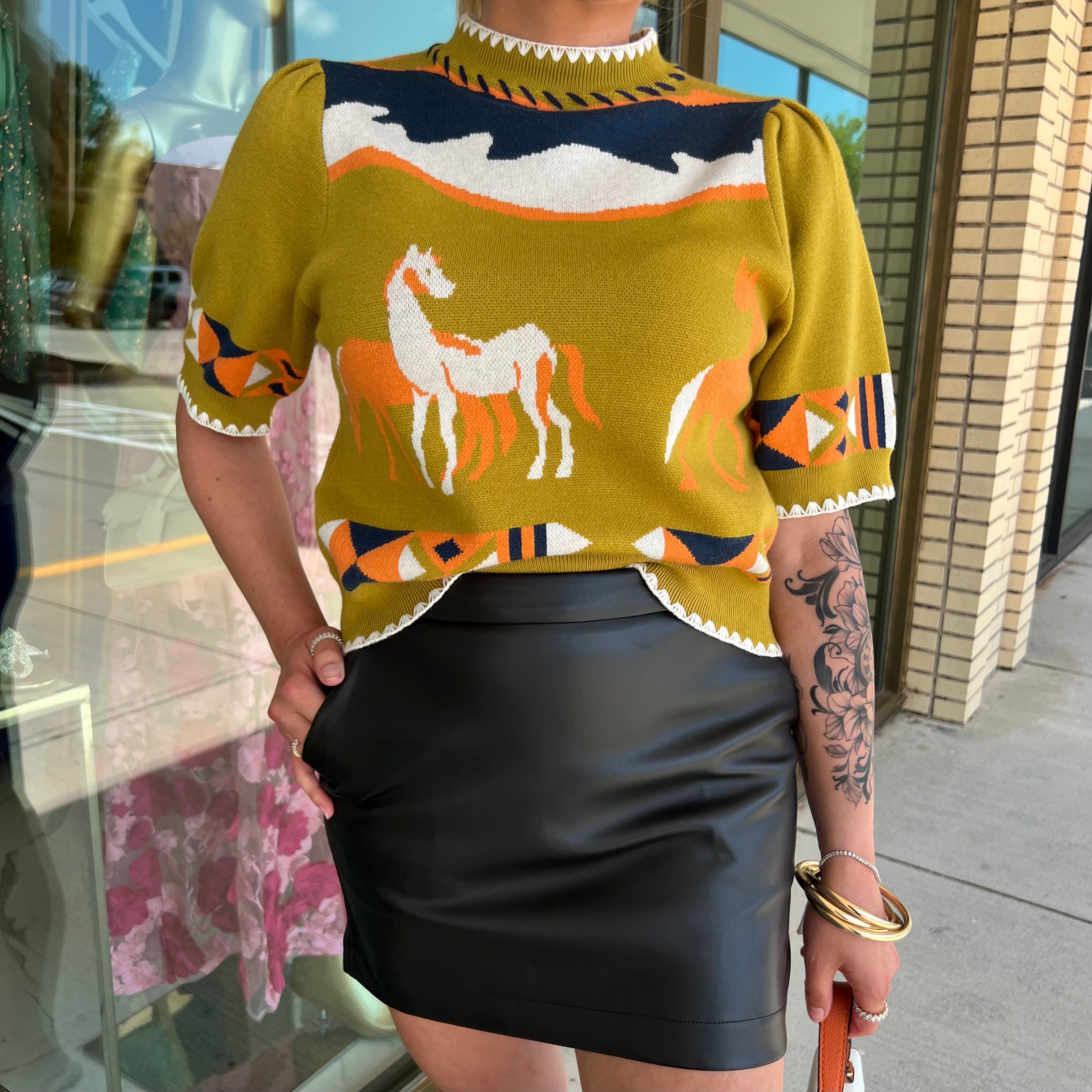 Kenz Chartreuse Horse Sweater