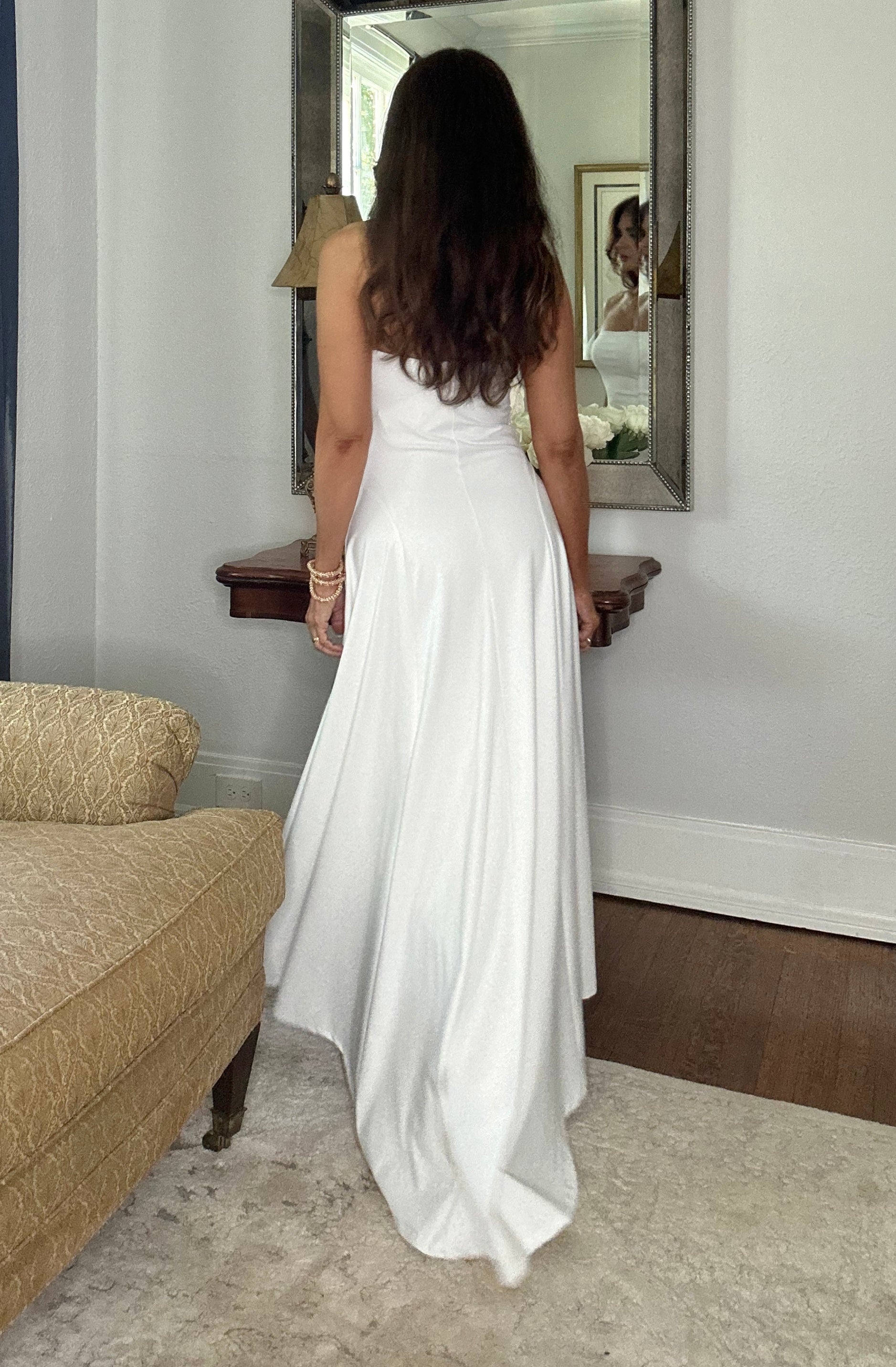 Cindy white strapless fit and flare maxi with asymmetrical hem