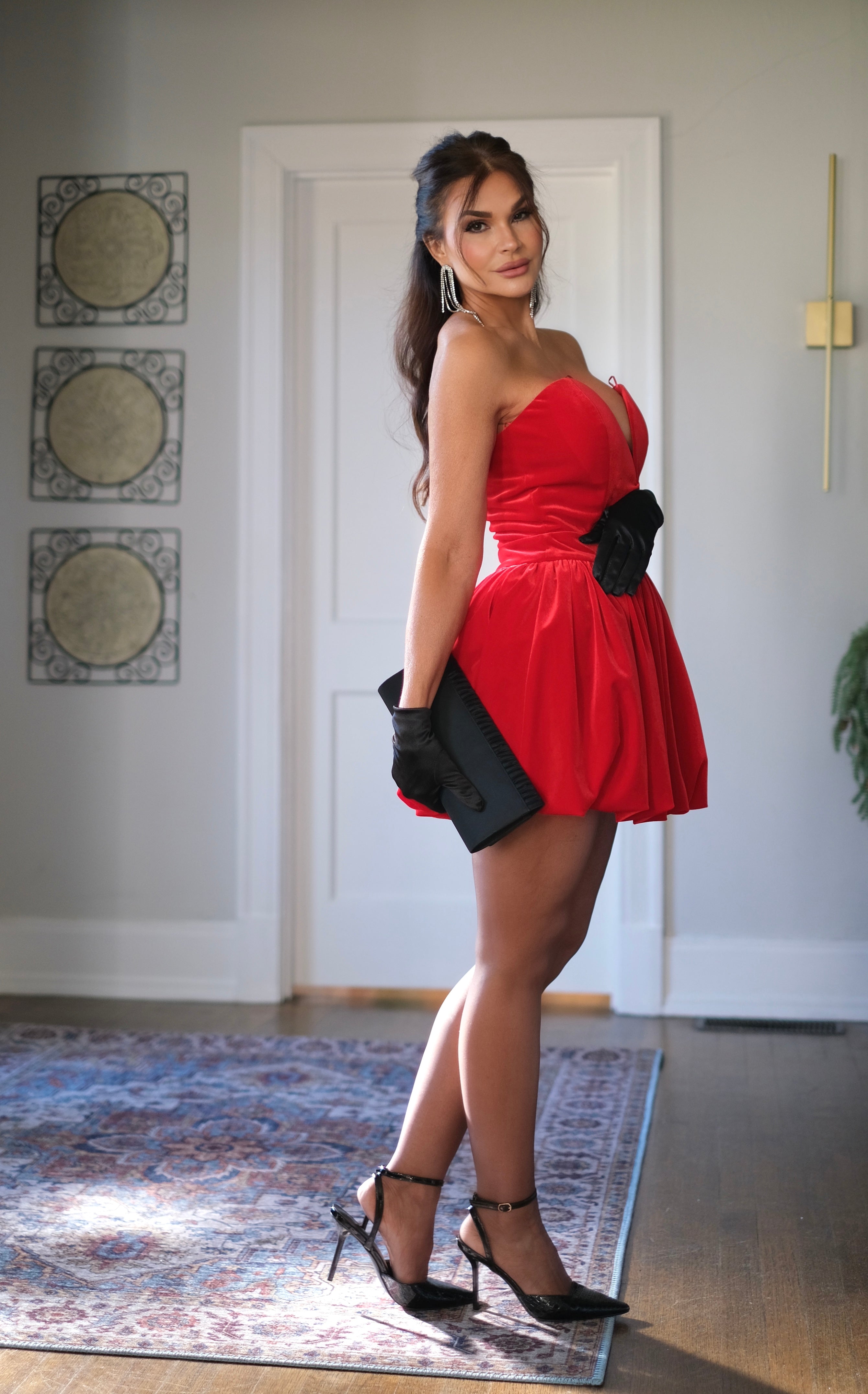 Ruby Red Strapless Velvet Bubble Mini Dress