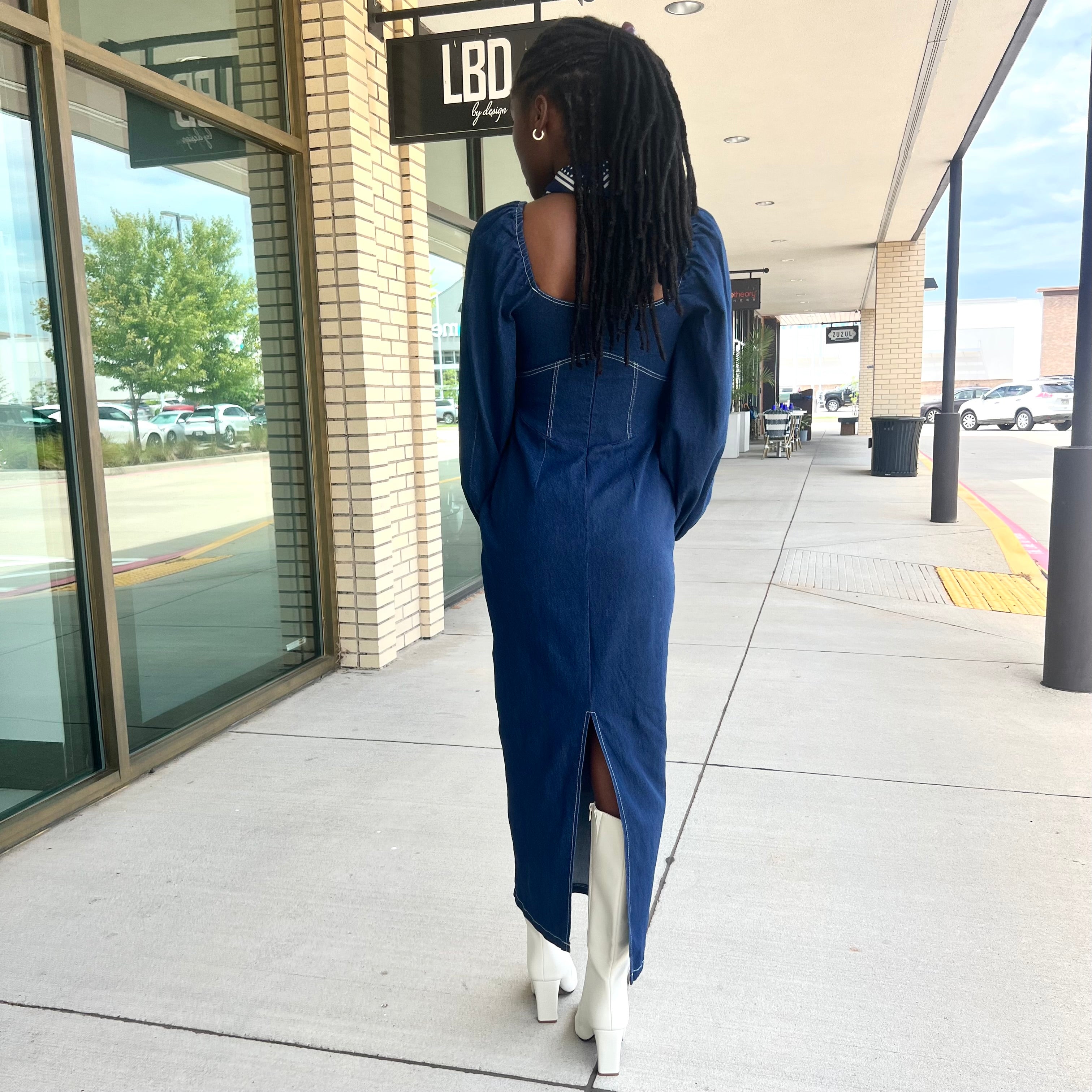 Chandler Dark Indigo Long Sleeve Denim Midi Dress