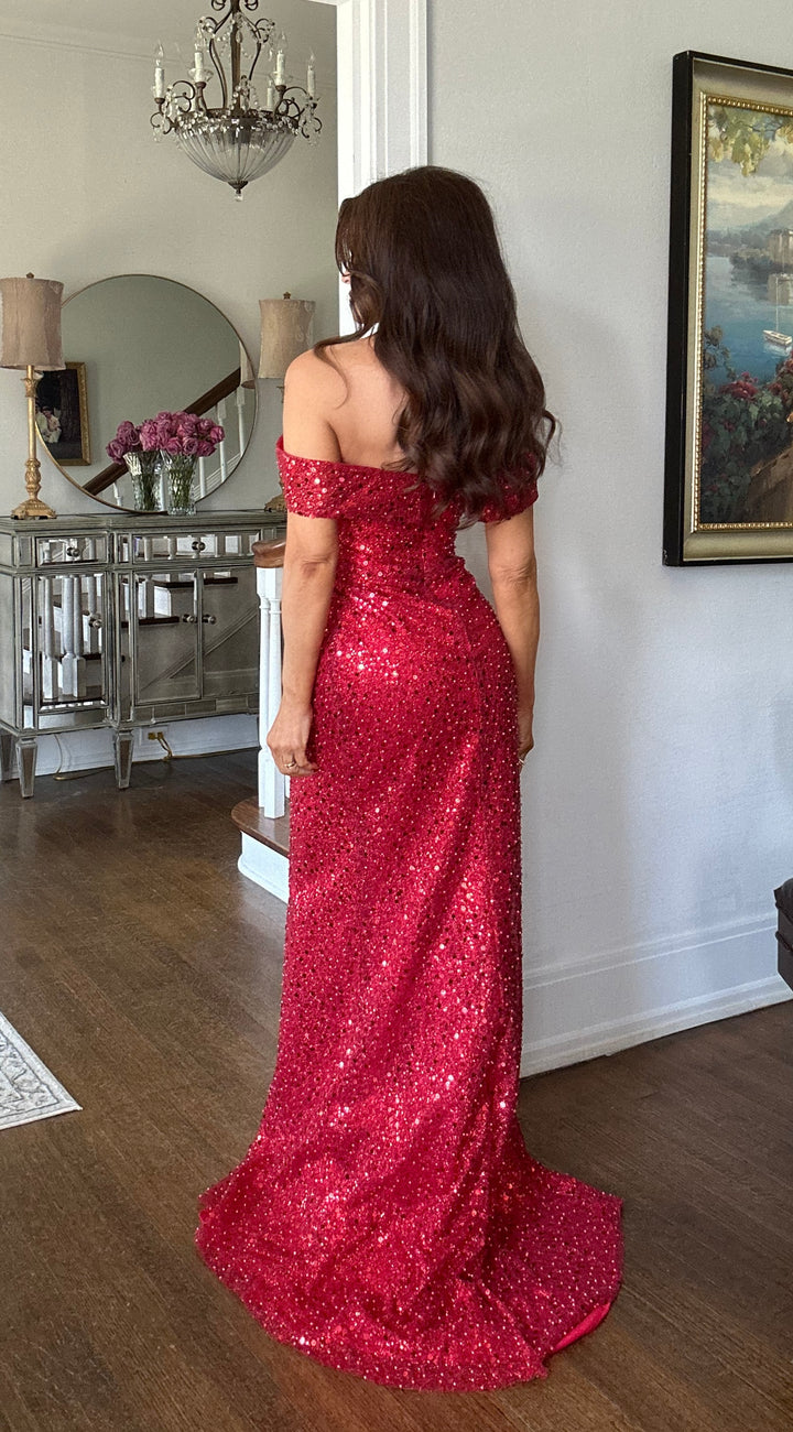 Jessica red off the shoulder sequin gown w/ slit