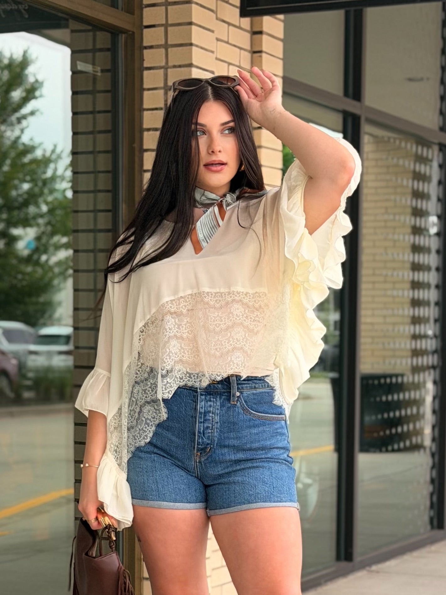 Maddy Ivory Ruffled Sheer Chiffon & Lace Poncho