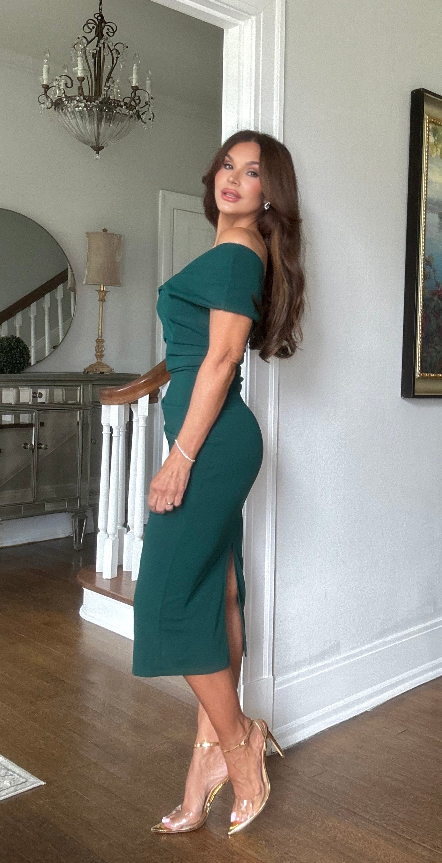 Andromeda hunter green off shoulder body con midi dress