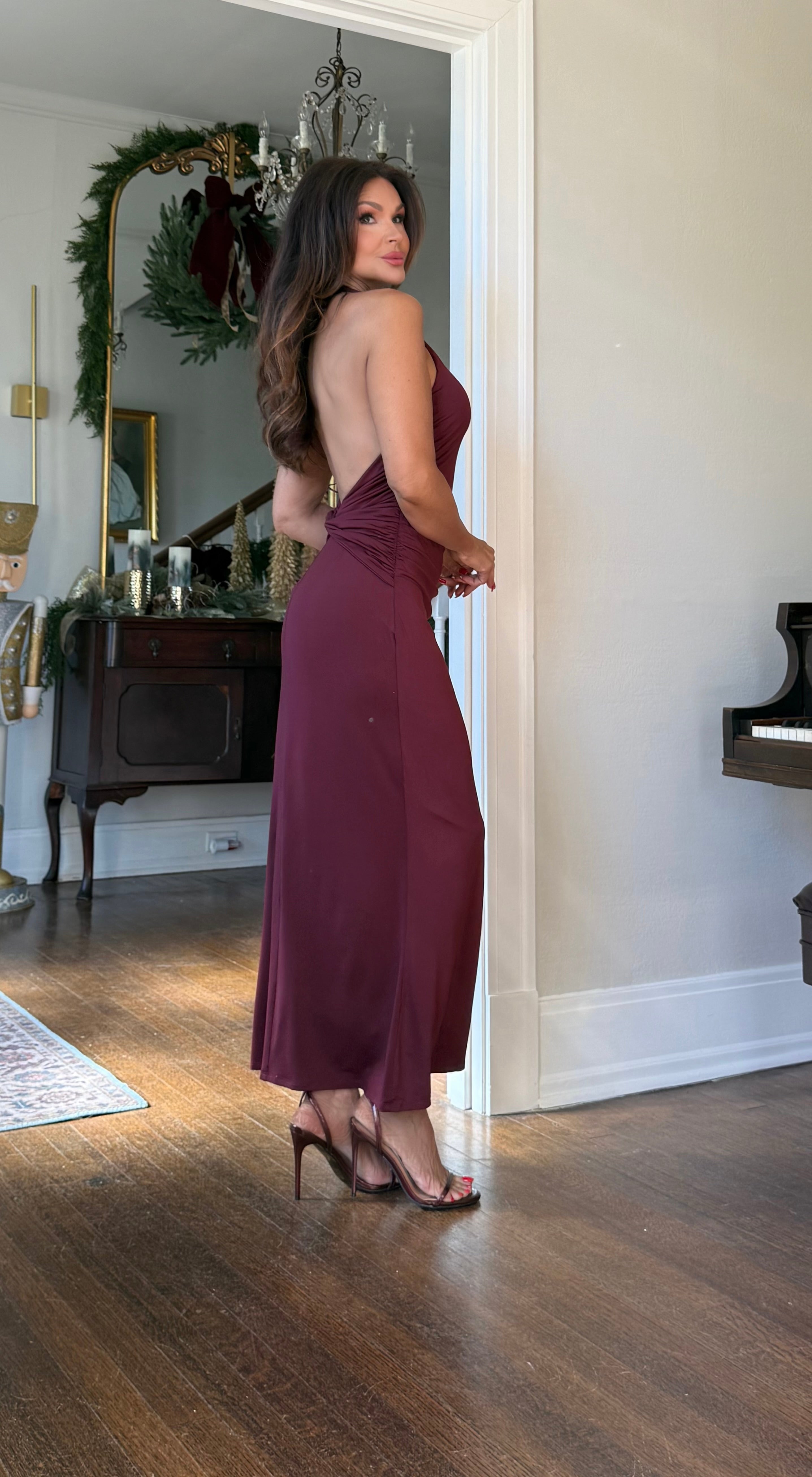 Bella Burgundy Halter Neck Side Ruche Midi Dress