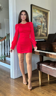 Chelsey Red Long Sleeve Mini Dress With Pearl Detail