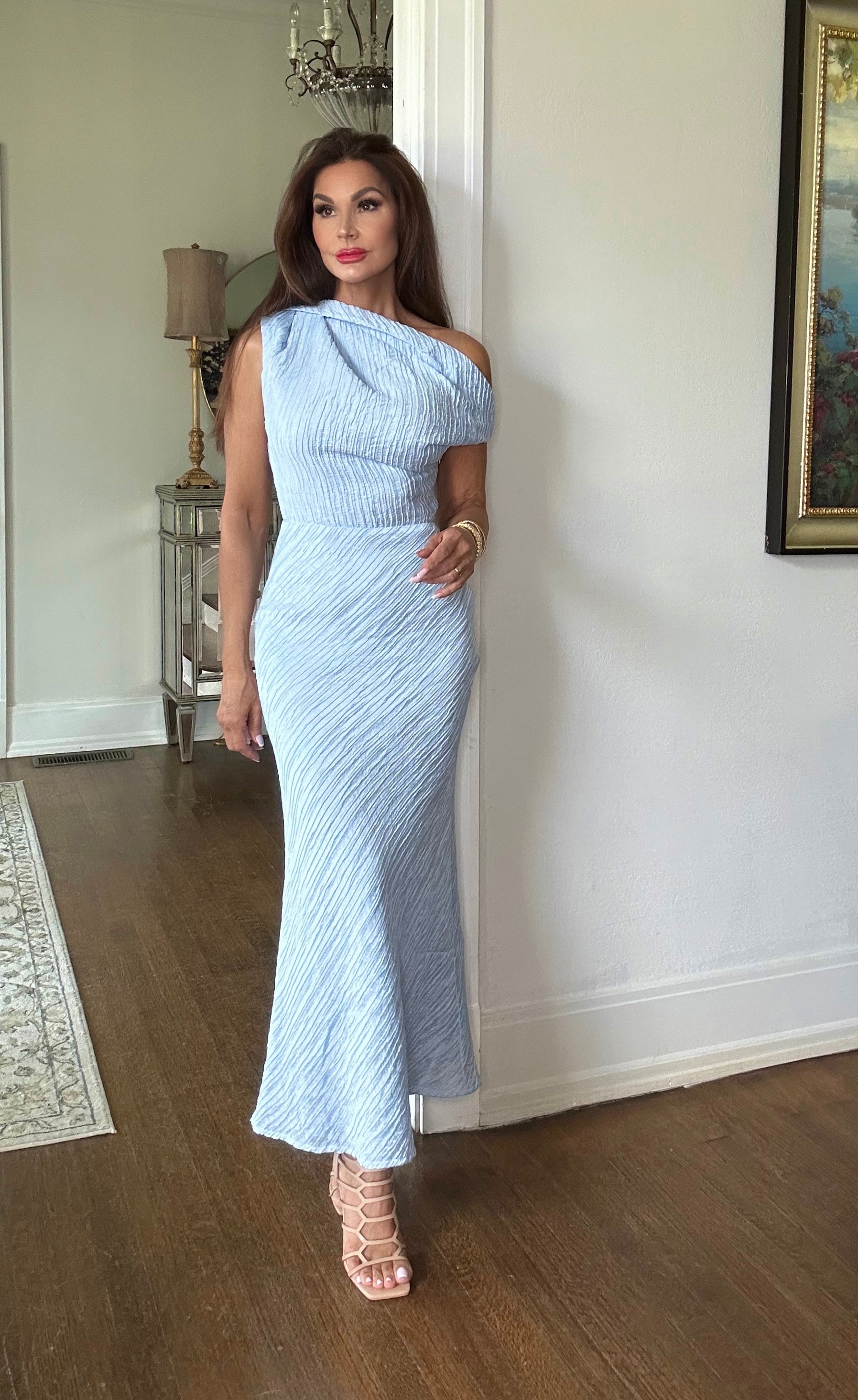 Melody light blue textured satin sleeveless cowl neck maxi dress