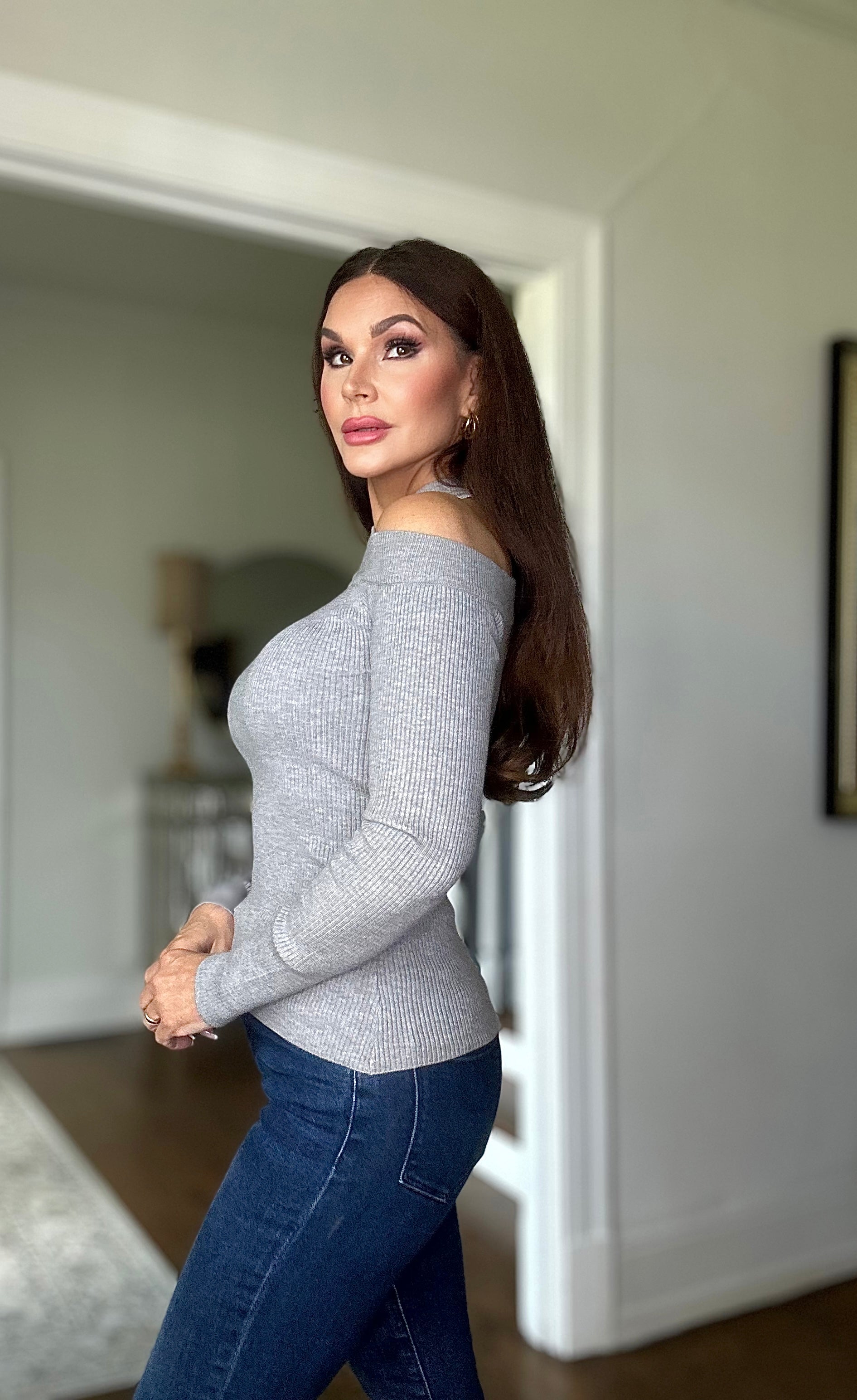 Kate heather gray batwing off the shoulder top