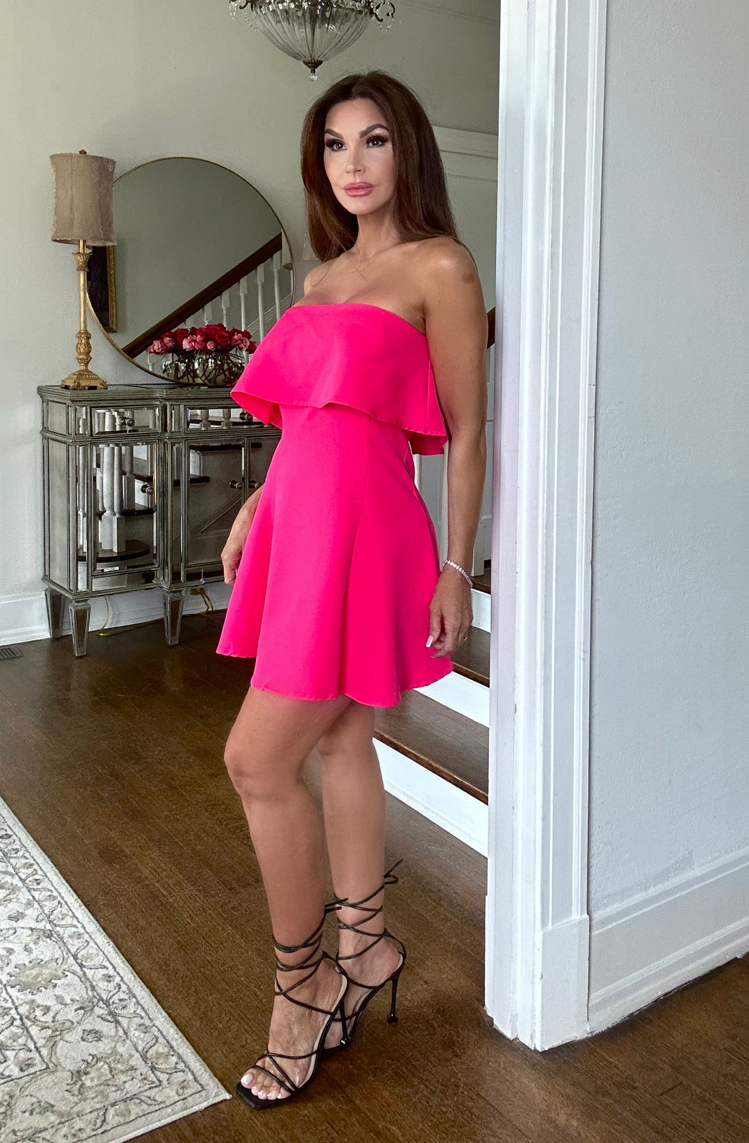 Aimee hot pink strapless mini with ruffle top detail