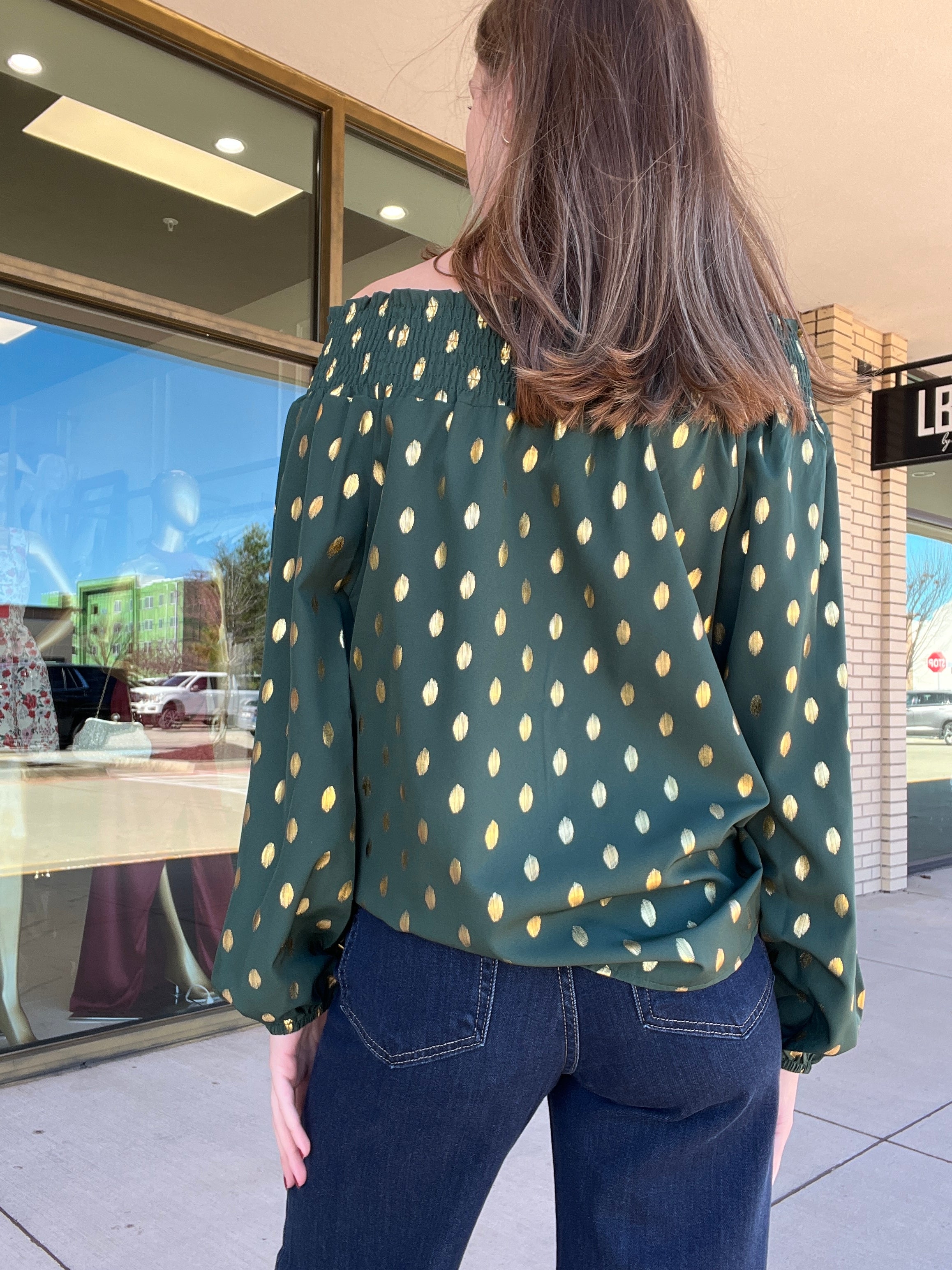 Darlene gold dot off the shoulder blouse