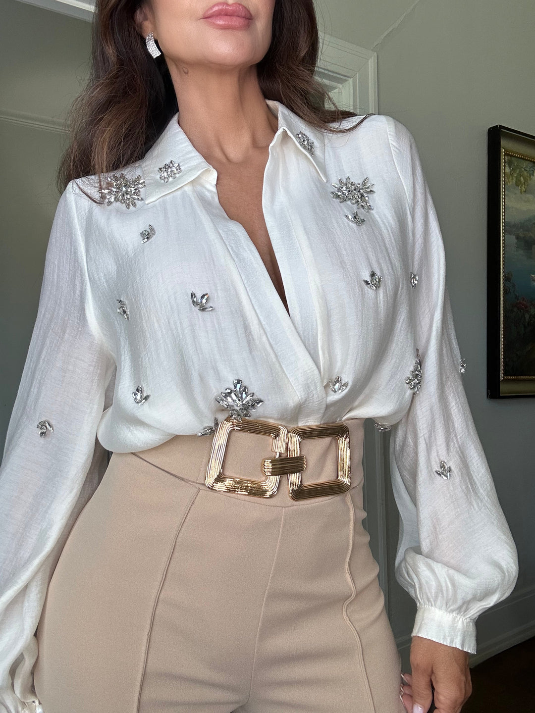 Renee beige gauze bodysuit with brooch embellishments