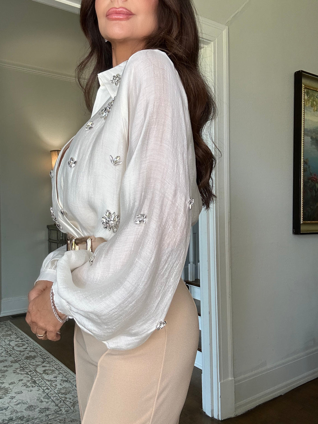 Renee beige gauze bodysuit with brooch embellishments