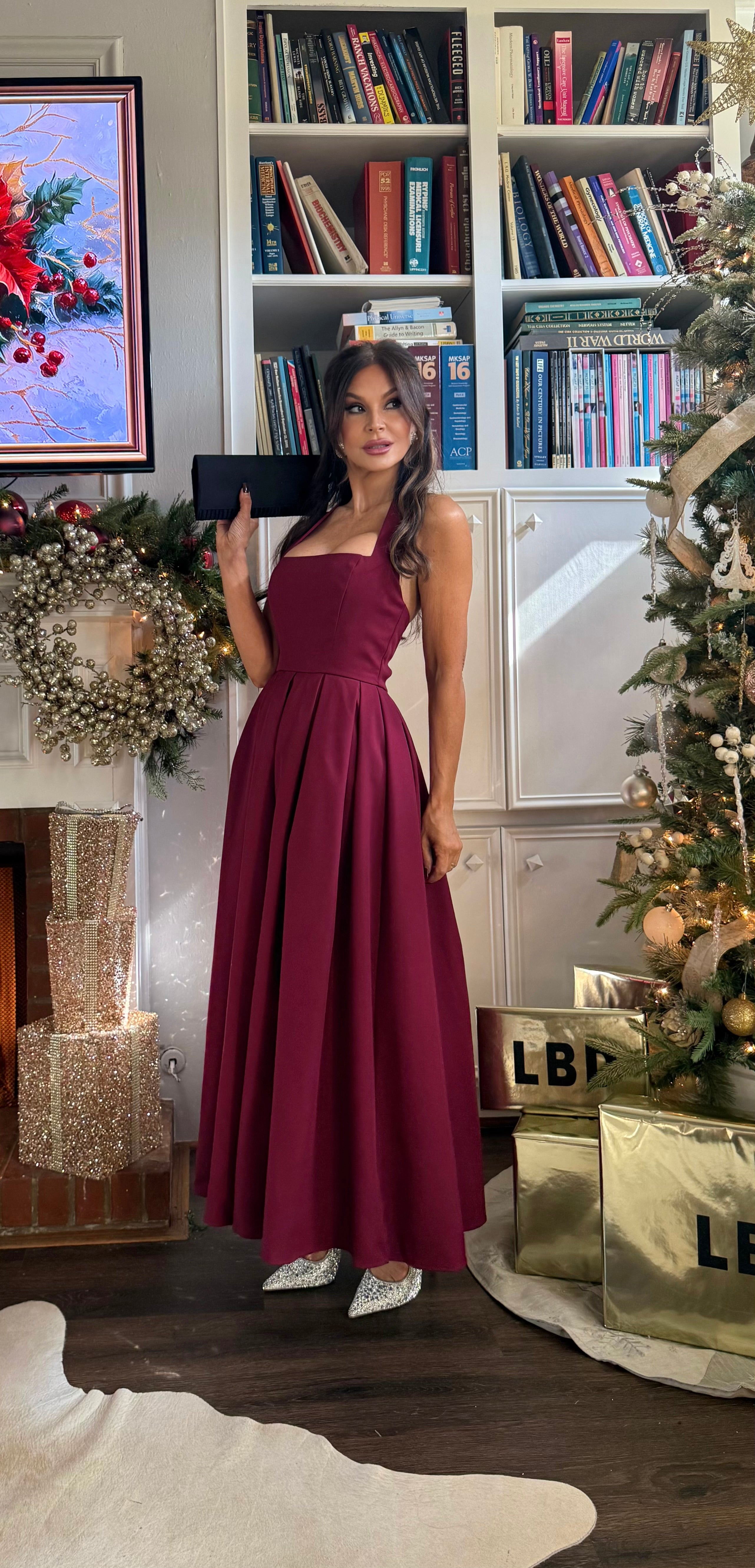 Wanda Wine Halter Neck Midi Dress