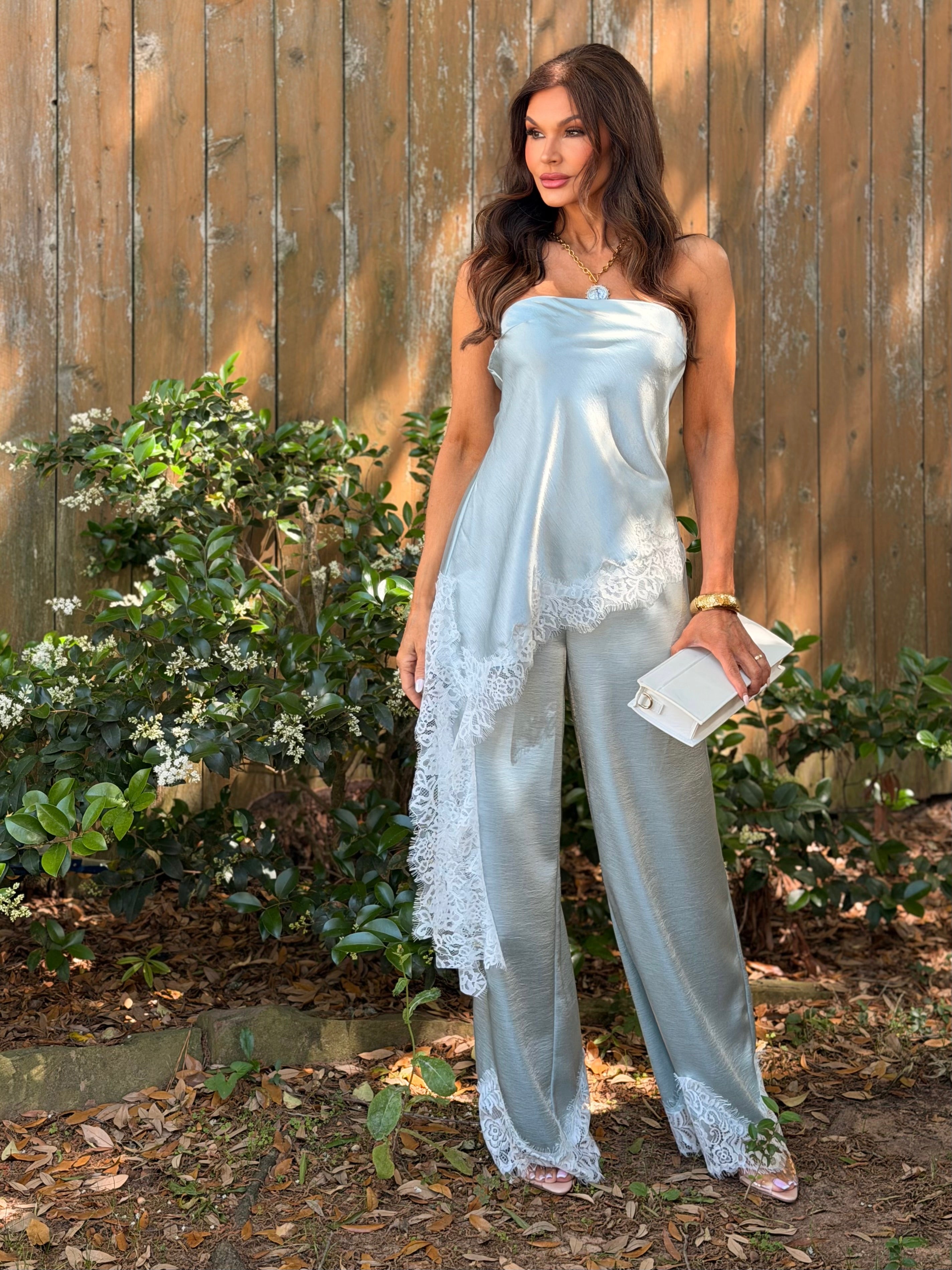 Laney Aqua Blue Satin Lace Trim Pants