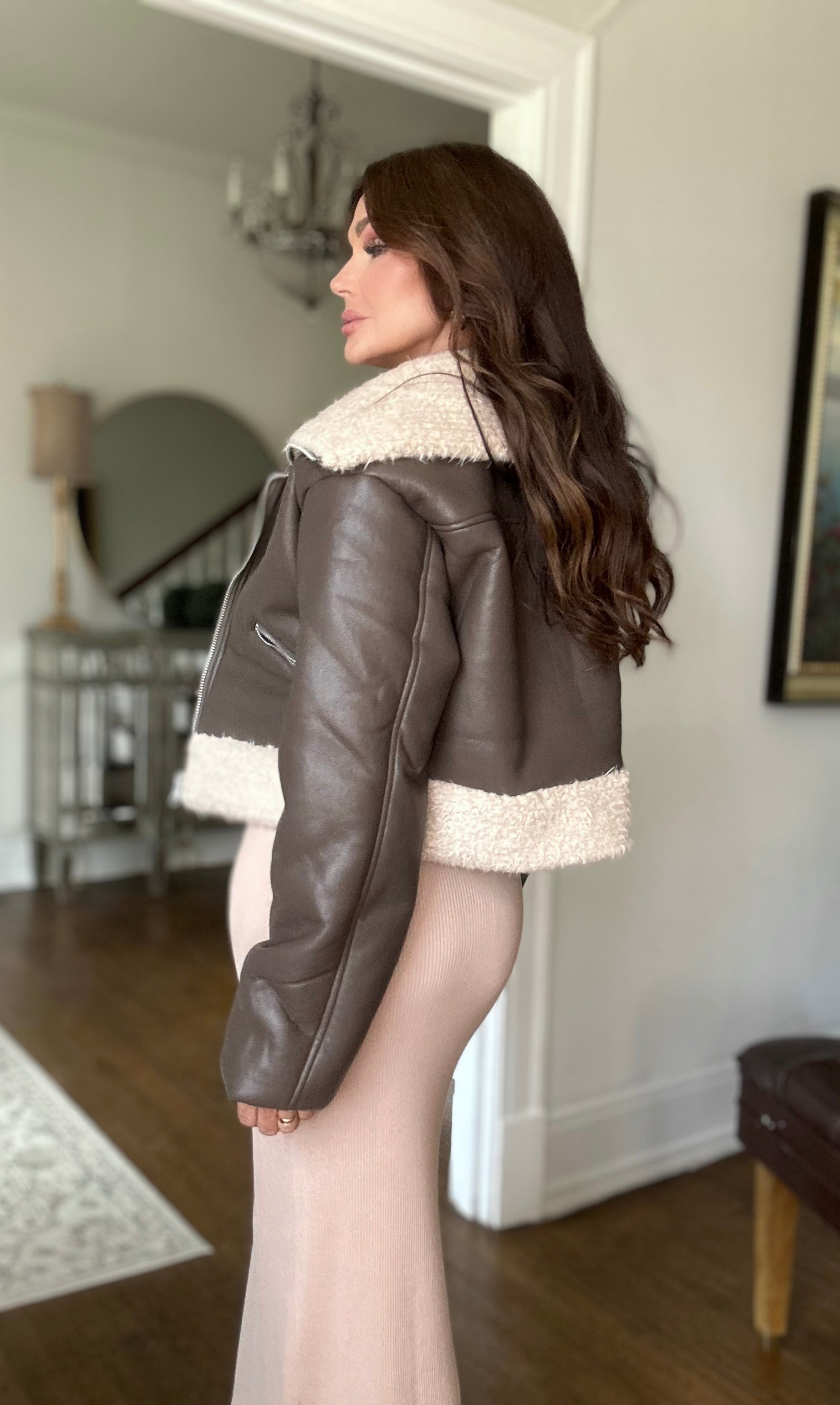 Brandy Brown Croped Sheerling Collared Jacket