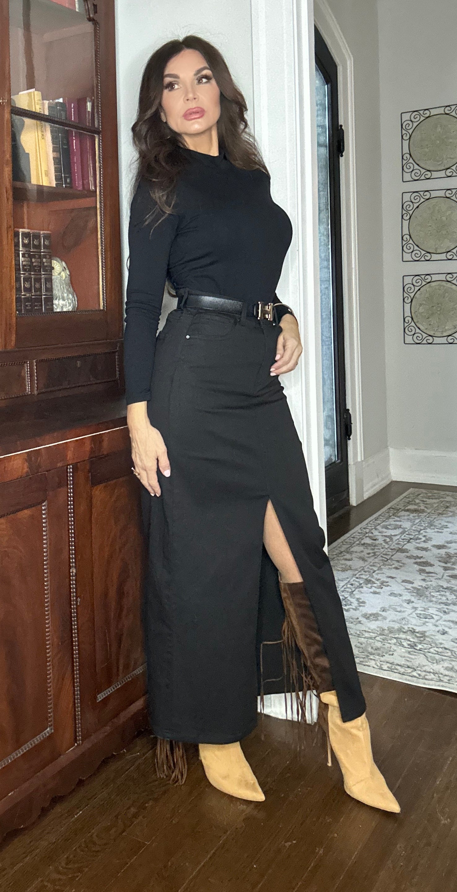 Khayla black denim midi skirt with slit