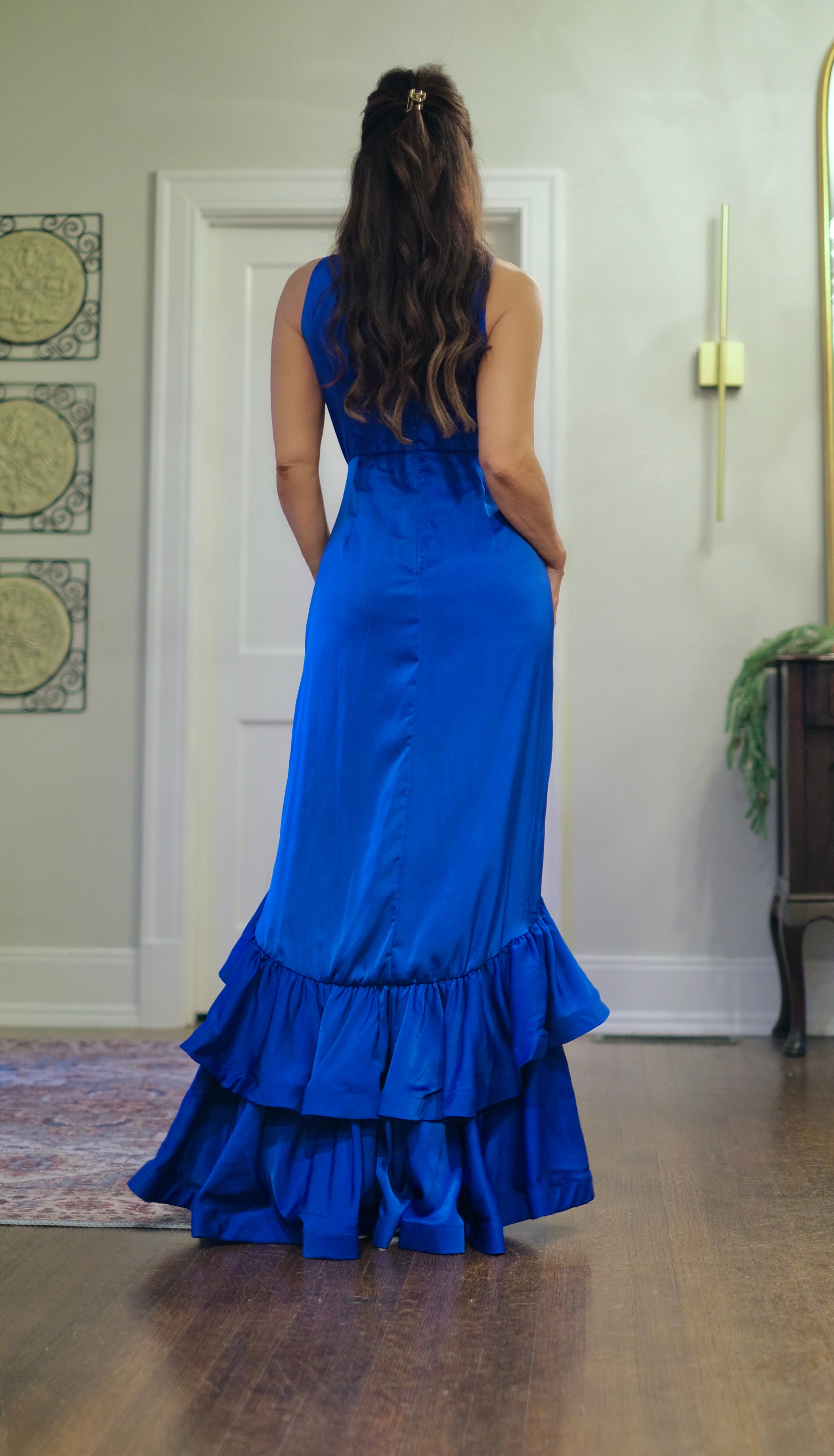 Renae royal blue sleeveless midi dres with ruffle slit