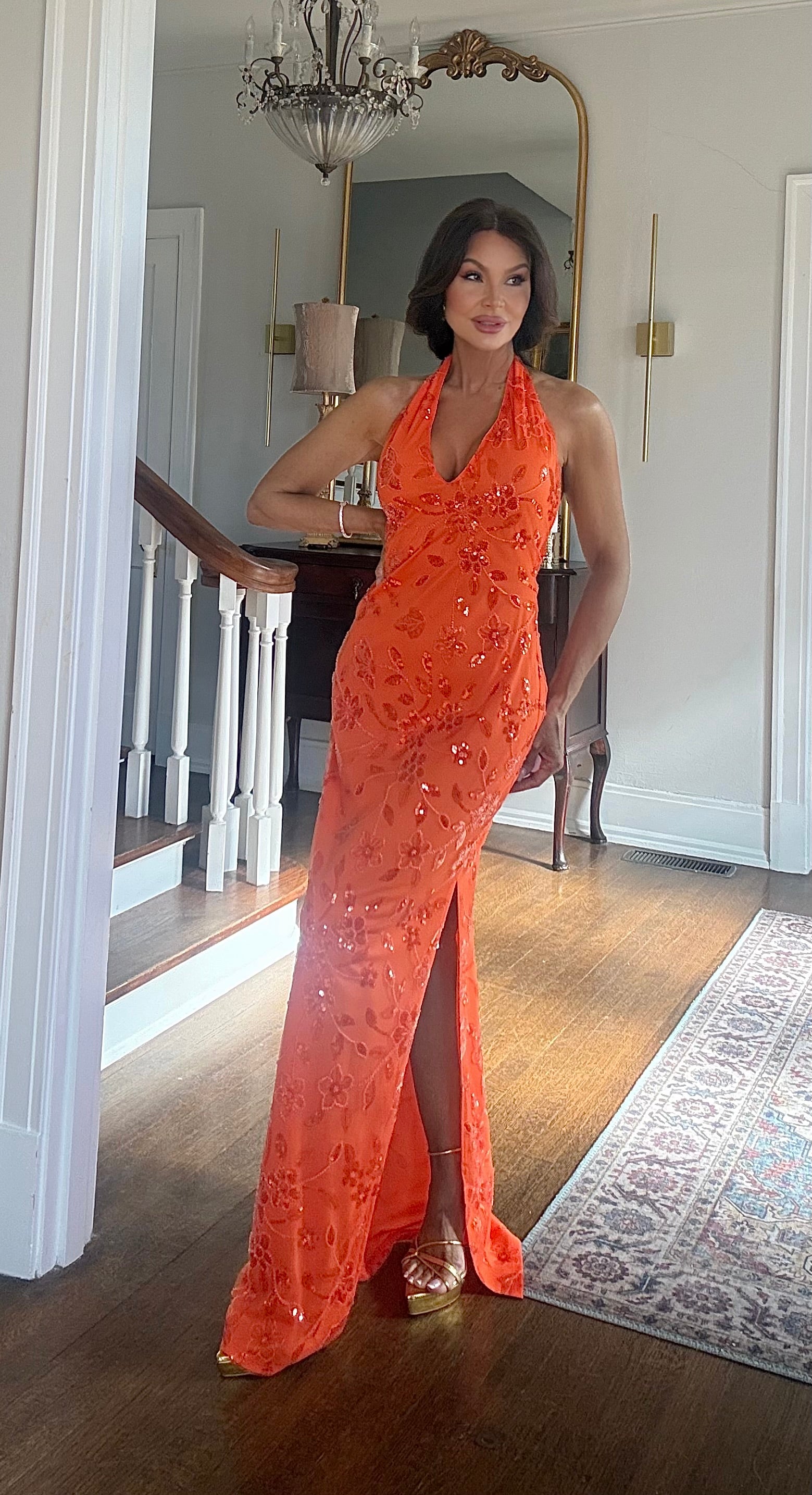 Olandria Orange Sequin Halter Backless Formal