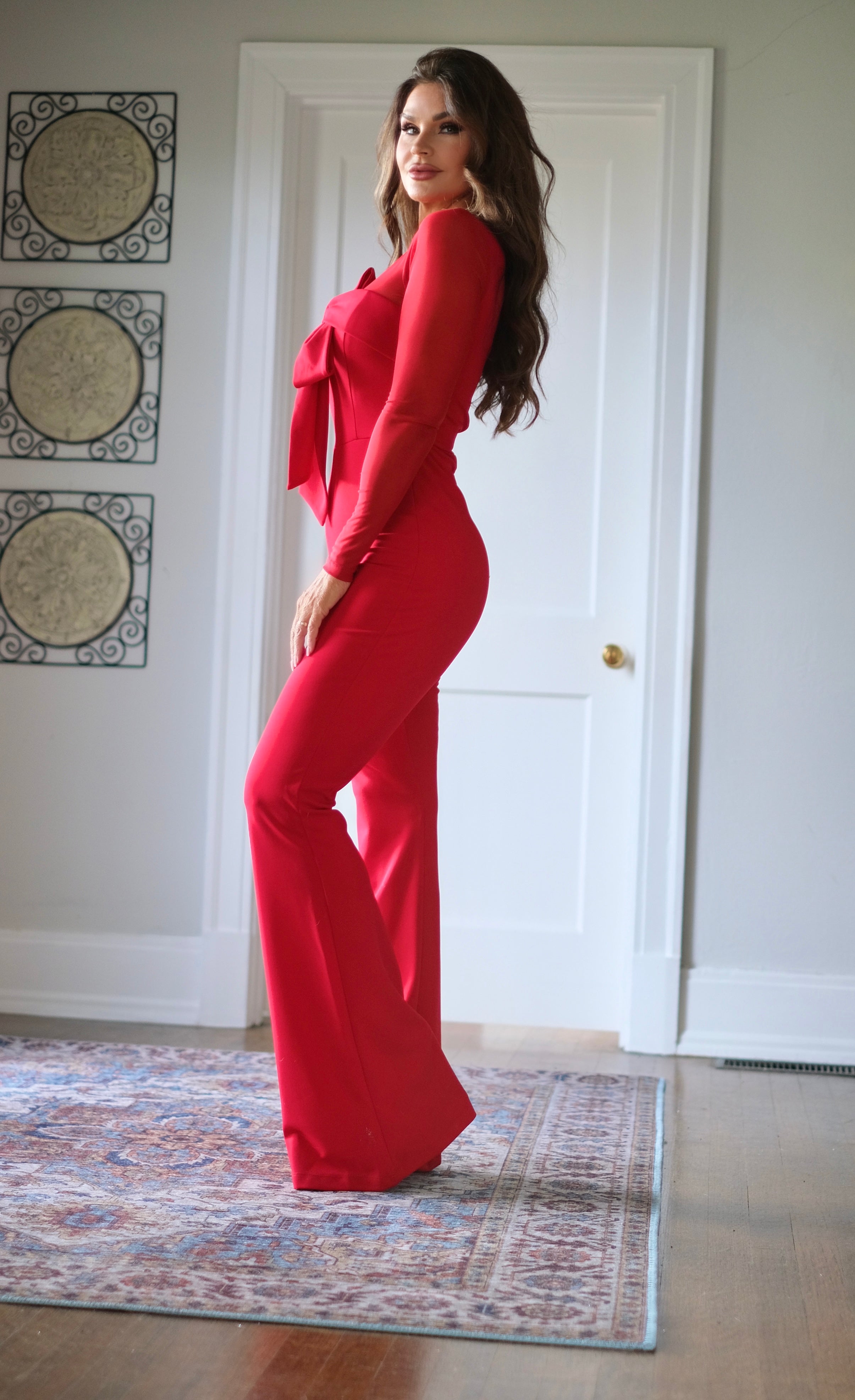 Rita Red Mesh Sleeved Jumpsuit with Bow Detail