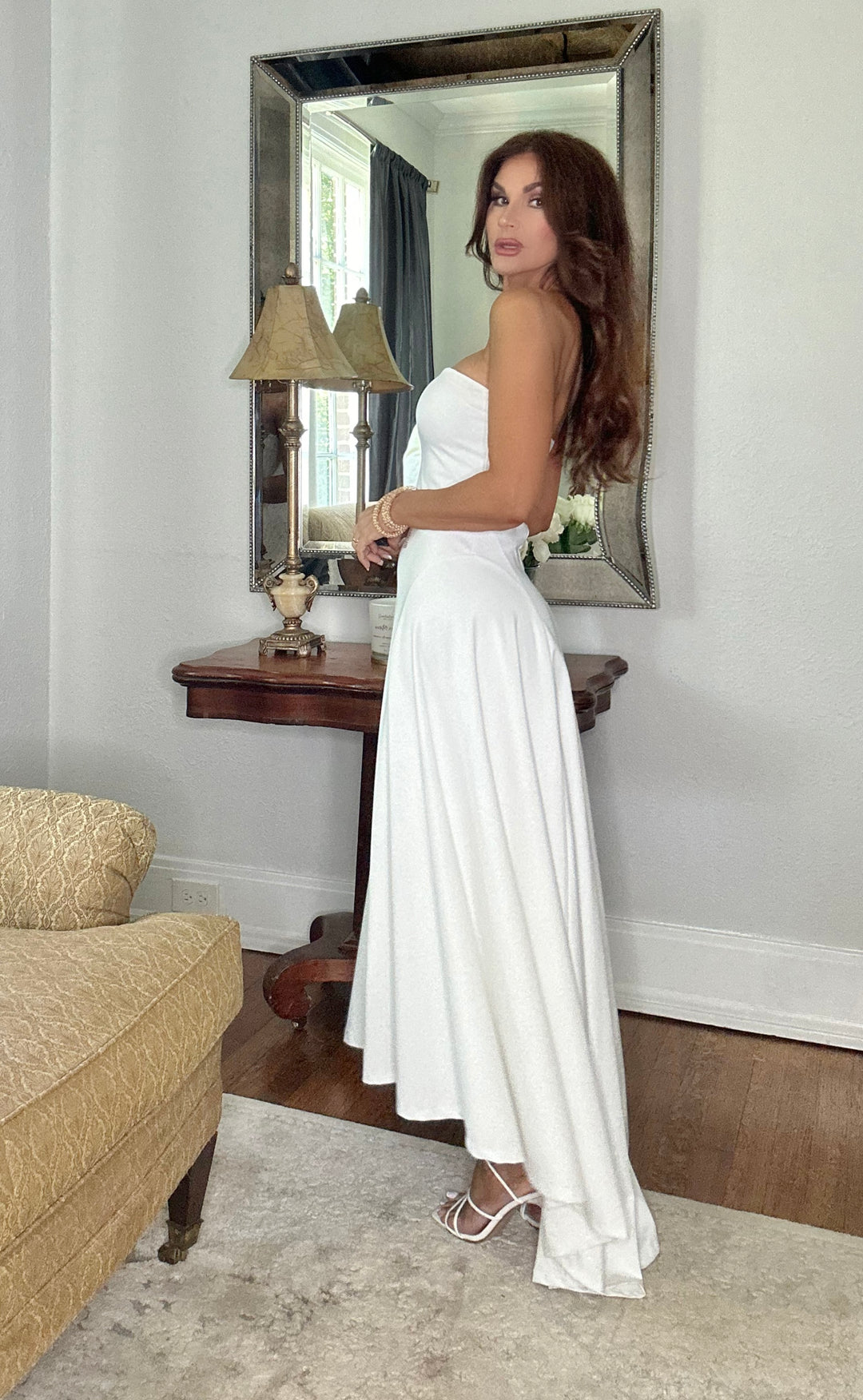 Cindy white strapless fit and flare maxi with asymmetrical hem