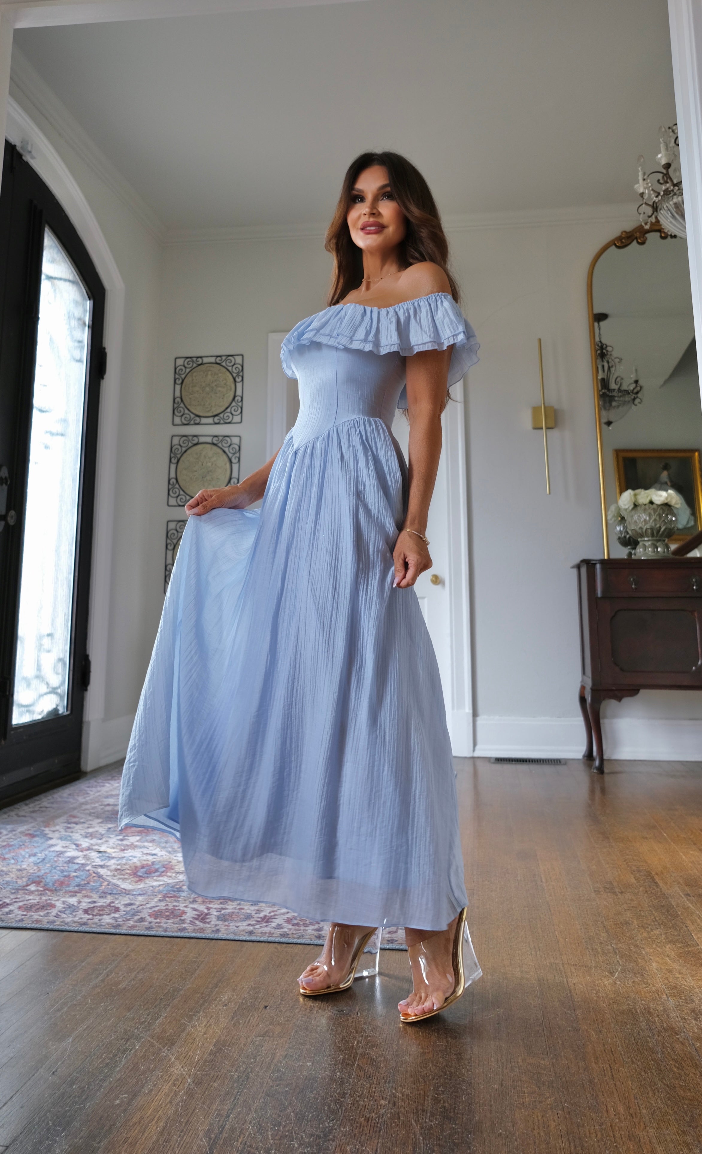 Alexis light blue textured flowy off the shoulder midi dress