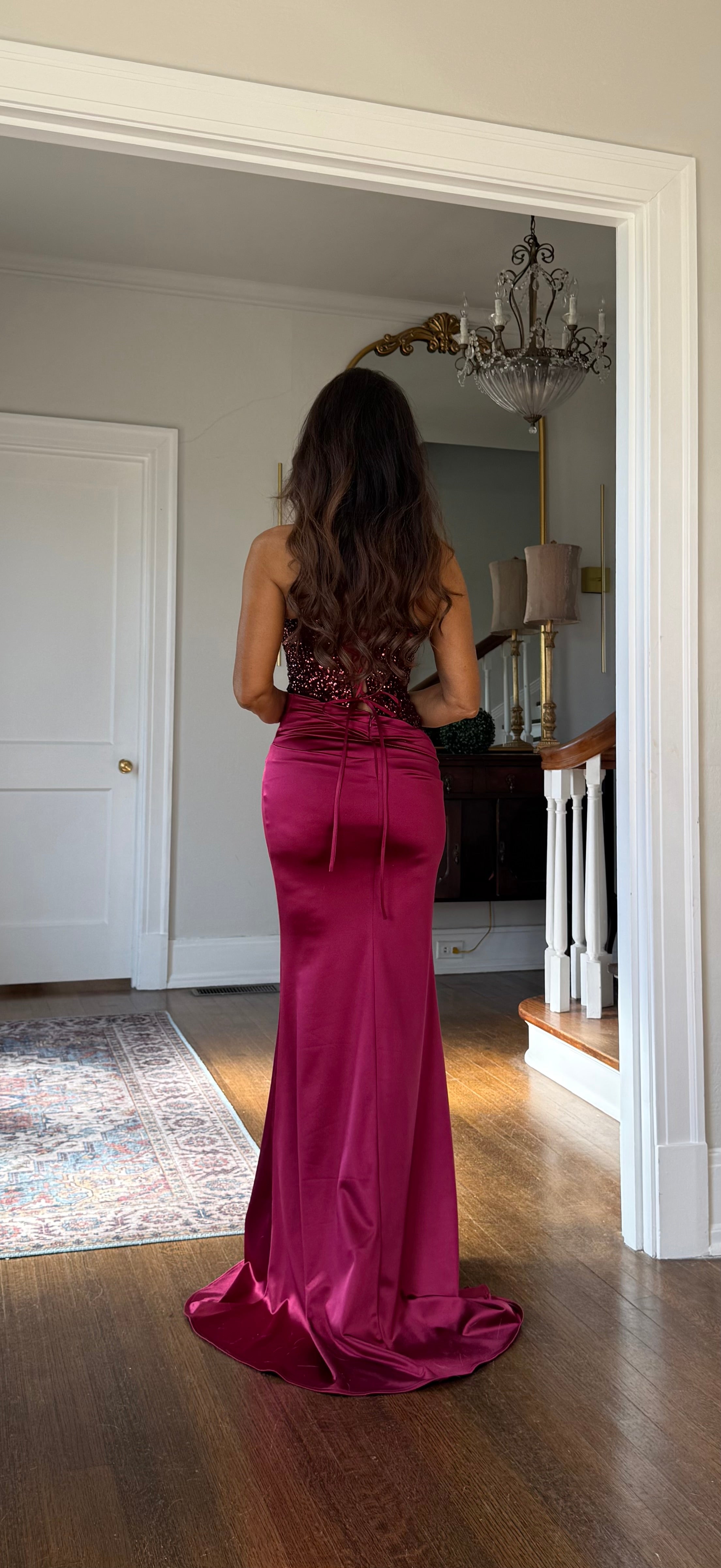Reign burgundy sequin bodice lace up satin formal