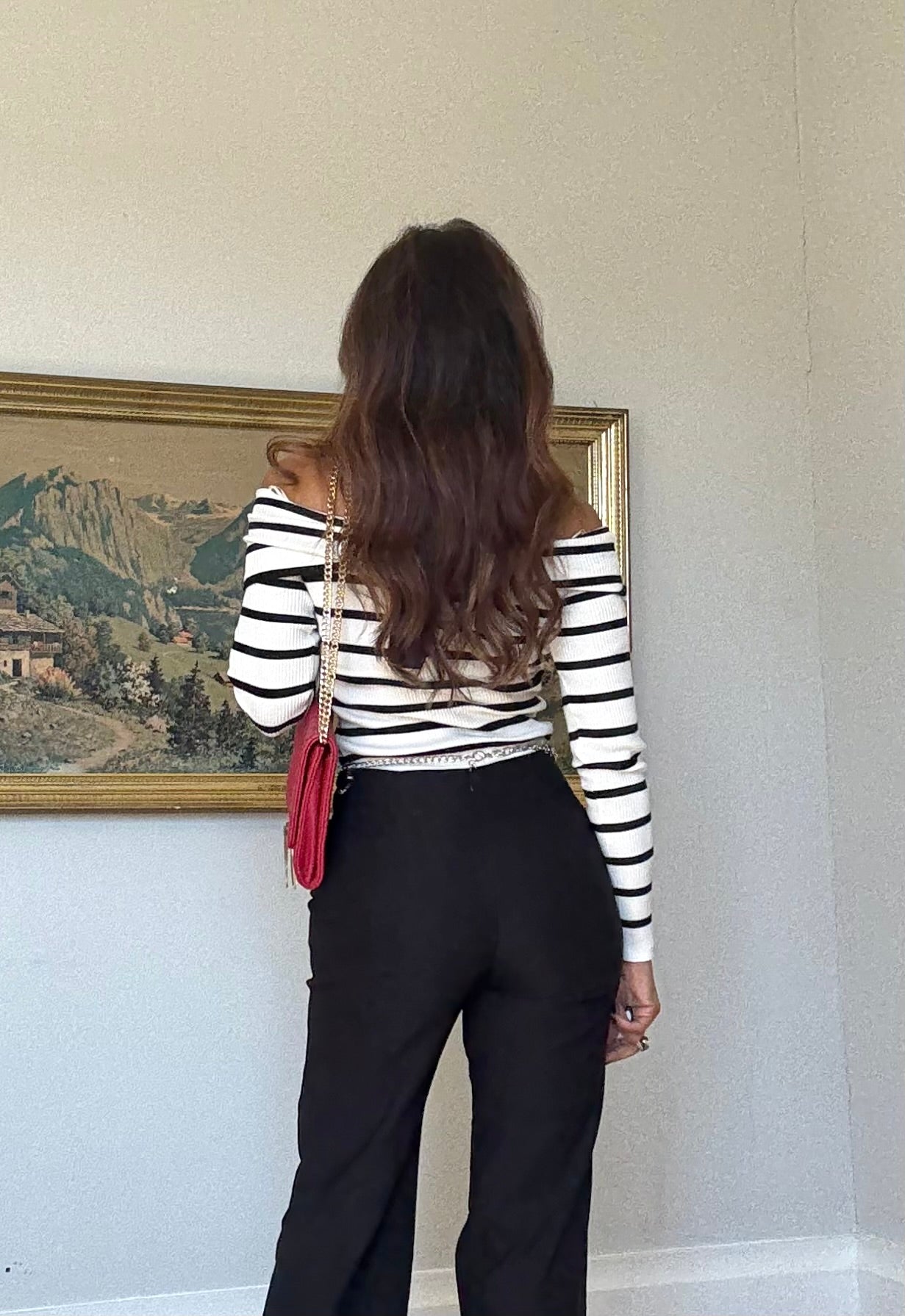 Carolina Cream And Black Stripe Off Shoulder Long Sleeve Sweater