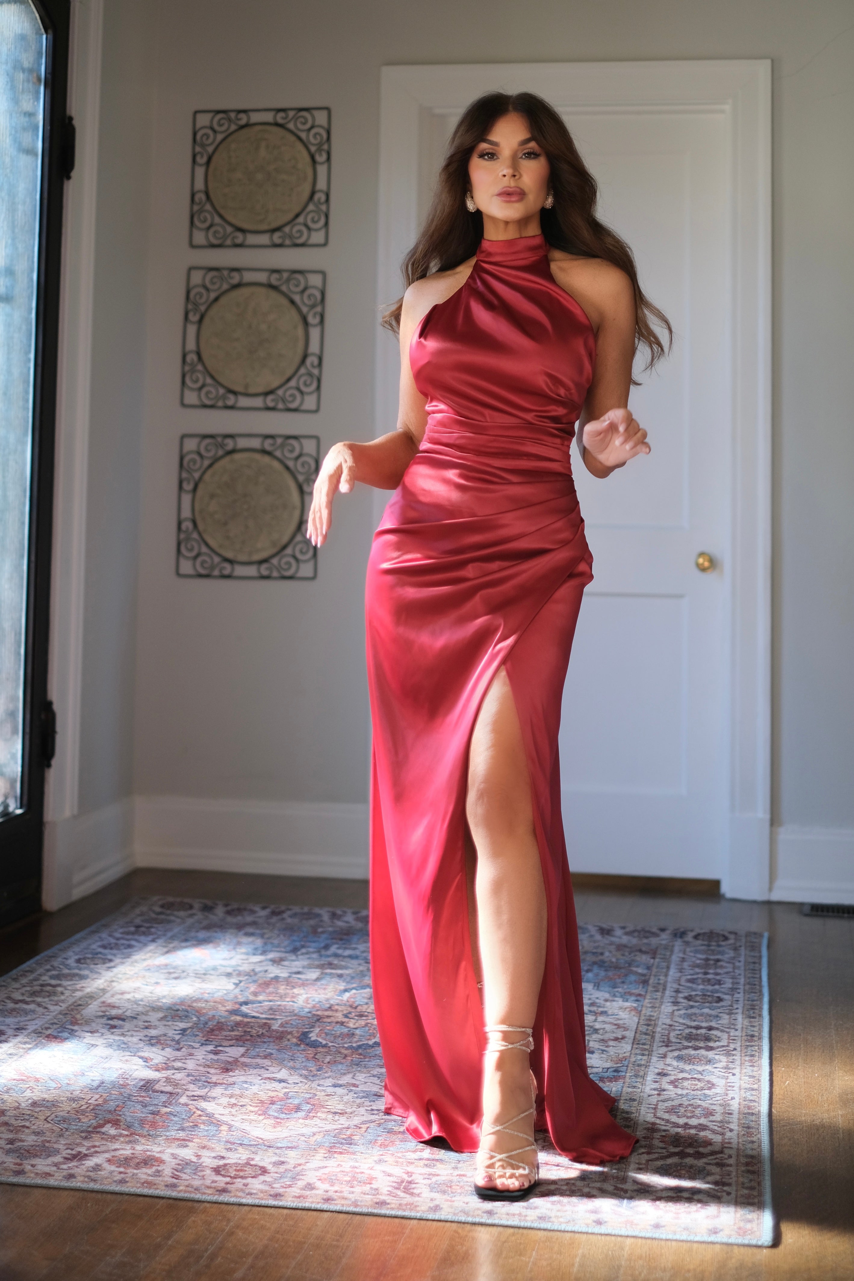 Blair burgundy satin halter neck midi dress with ruching and slit