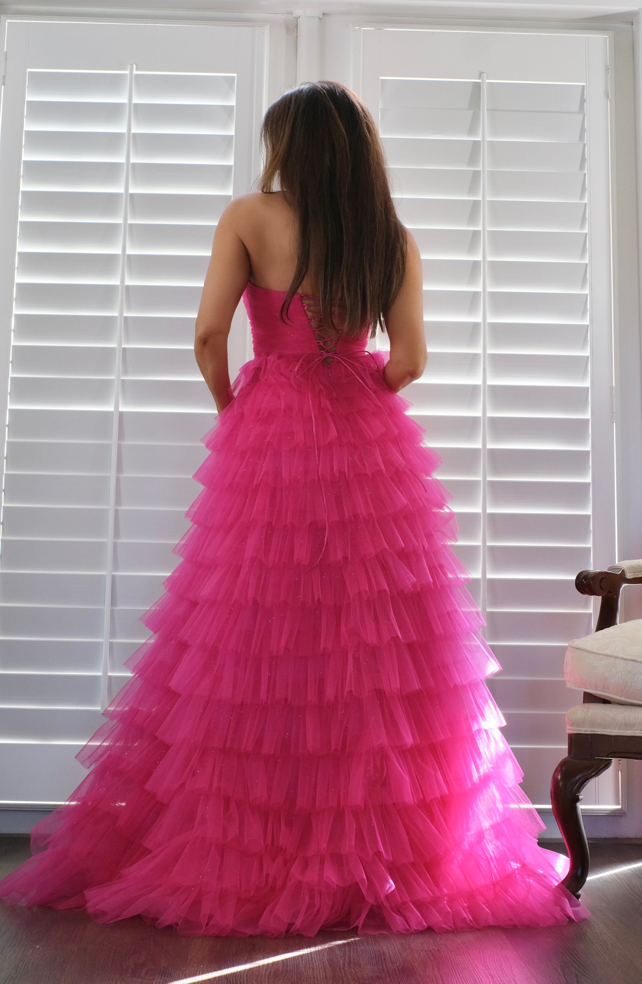 Adaline fucsia layered tulle tiered formal with slit