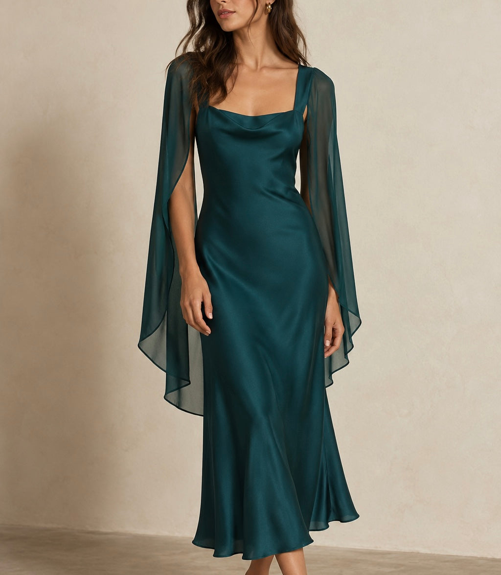 Agnes Teal Satin High Neck Sheath Midi Dress