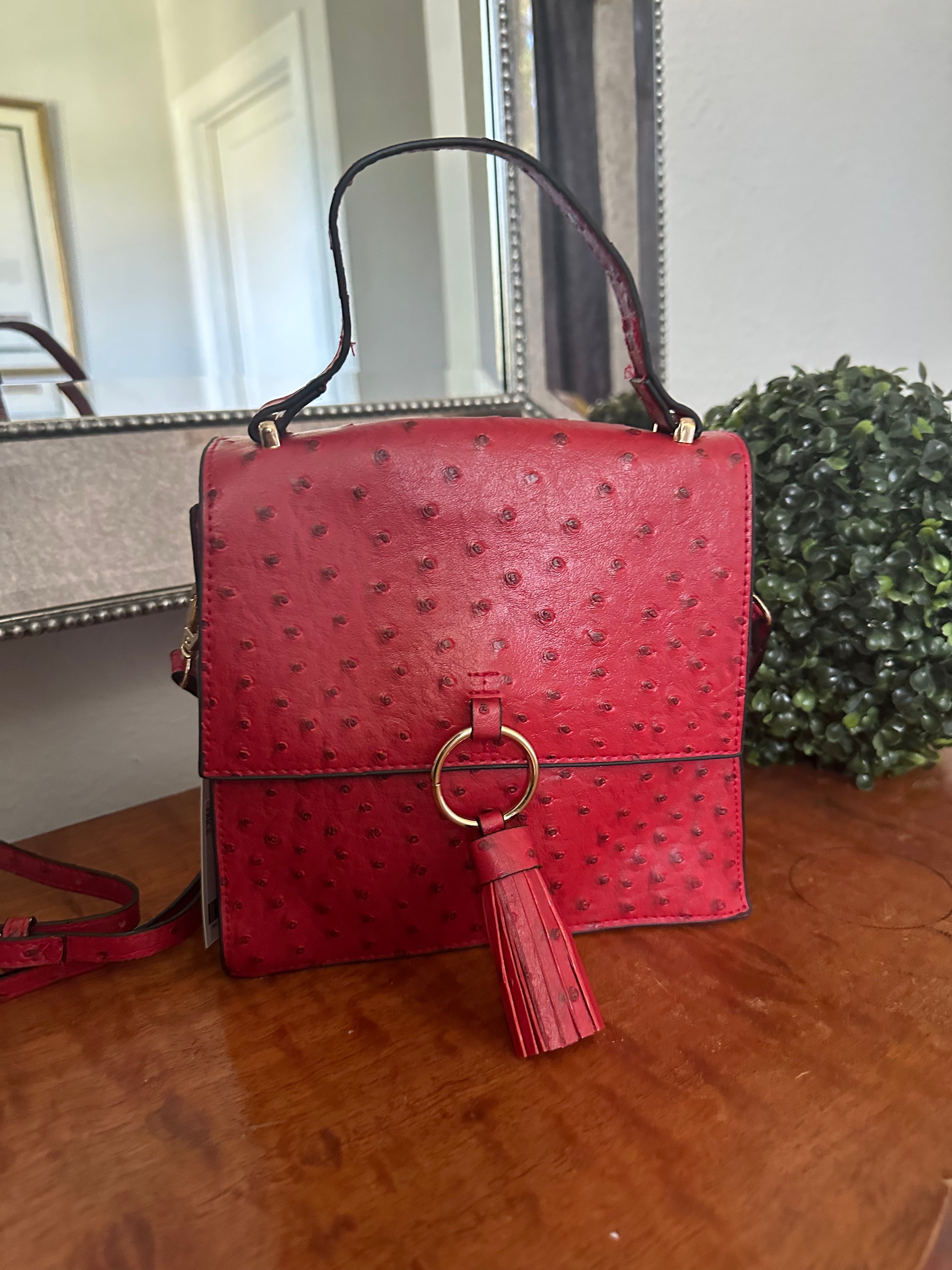 Ashton Ruby Red Ostrich Faux Leather Crossbody Bag