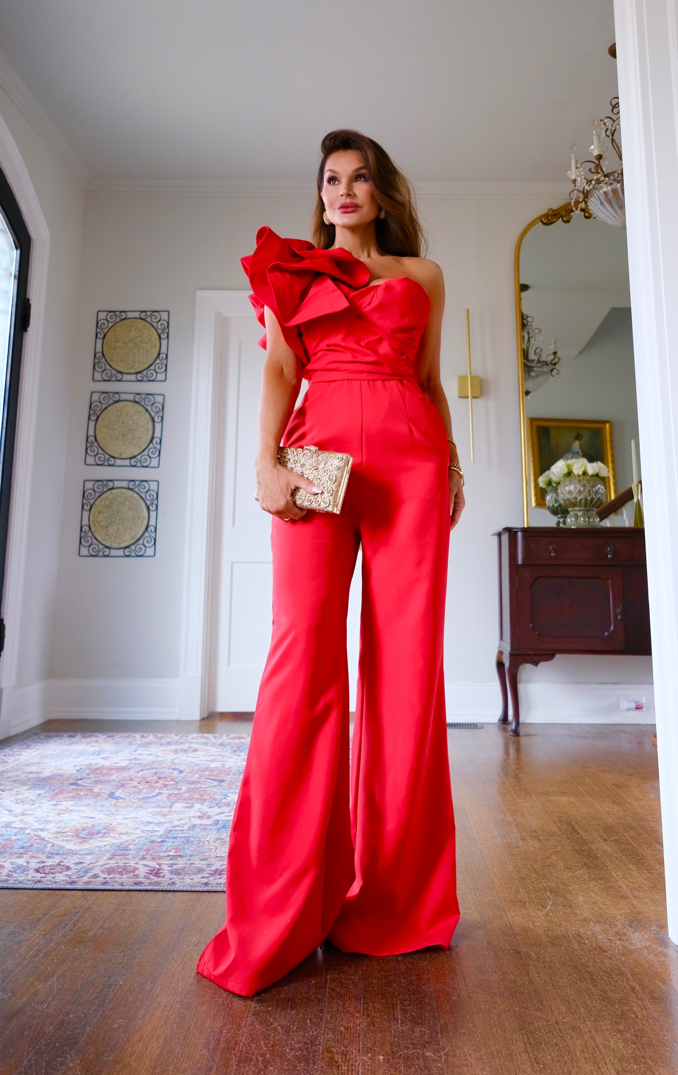 Maxine red ones houlder ruffle jumpsuit