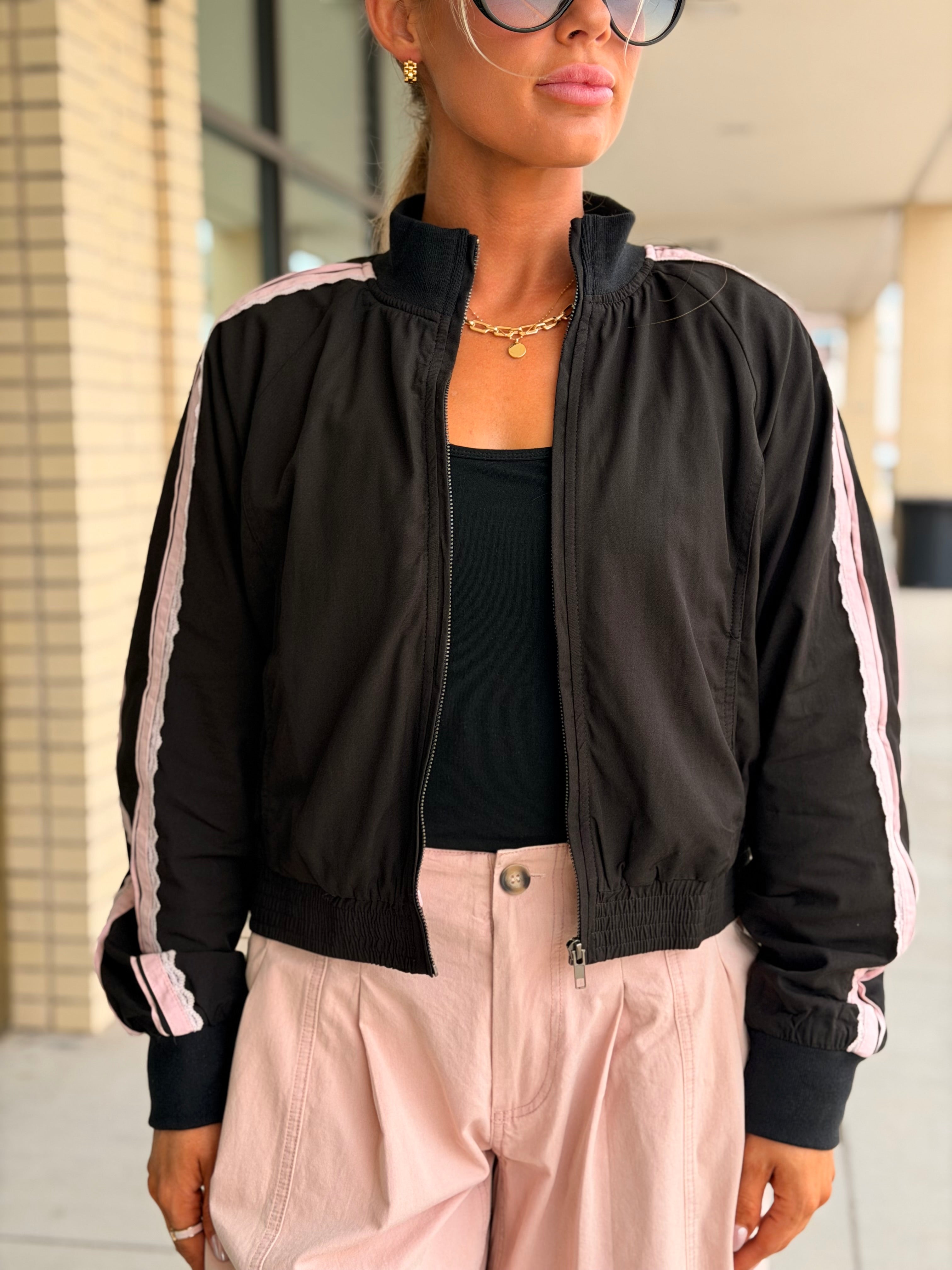 Abbie Black & Blush Lace Trim Zip Up Jacket