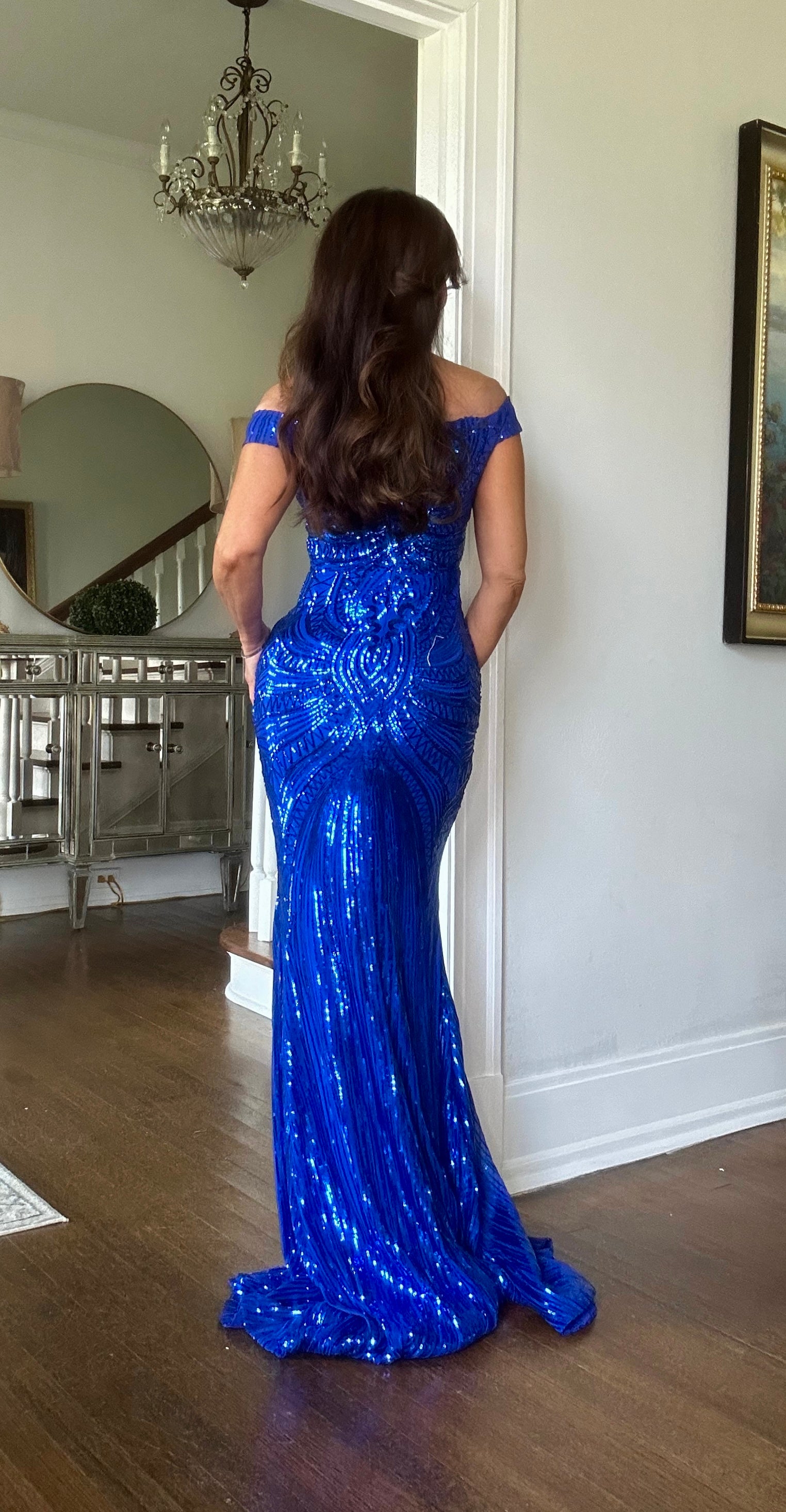 Skylar Royal Blue Sequin Off the shoulder Formal with Side Slit