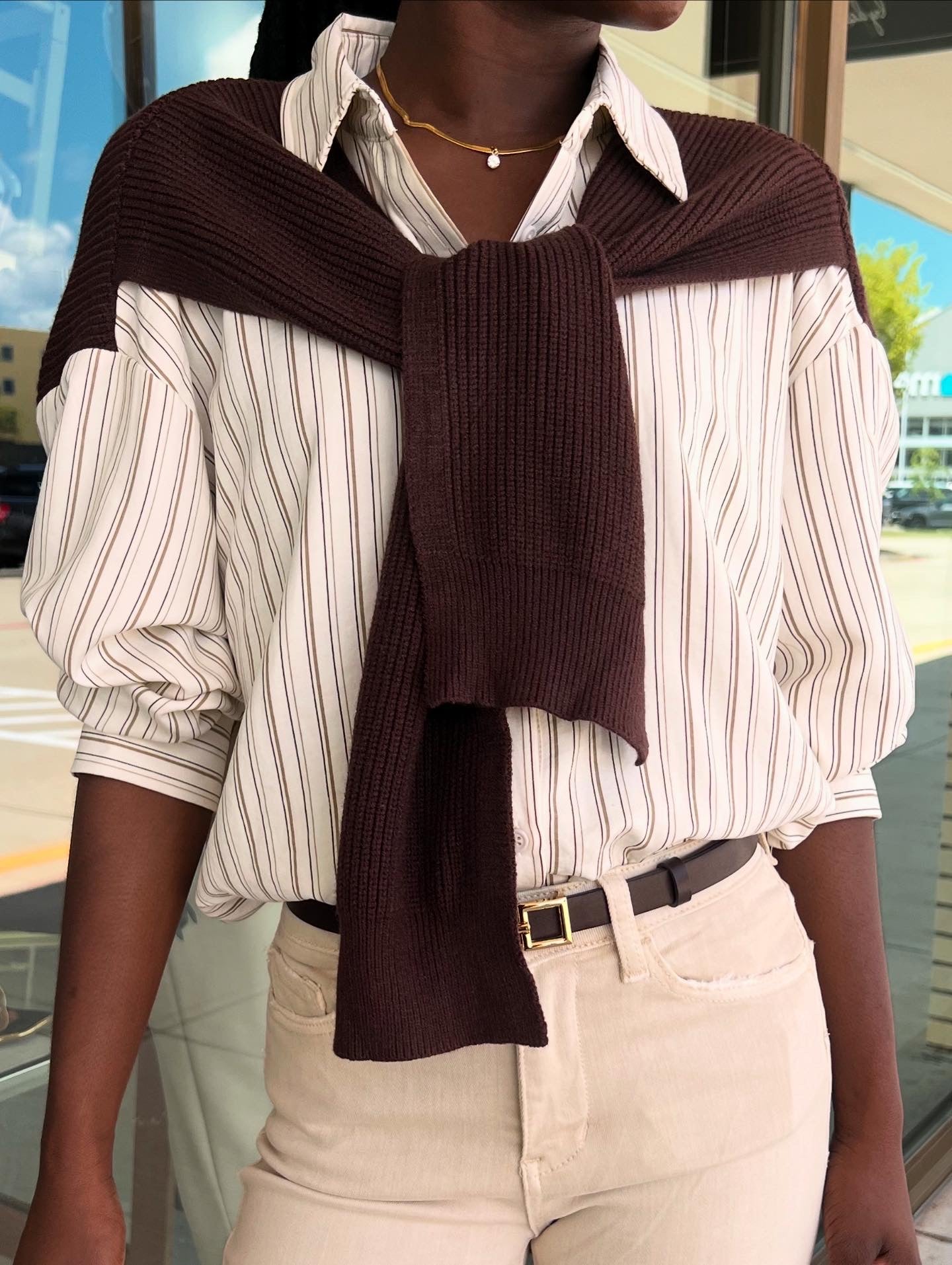 Caroline Cream Stripe Shirt With Front Tie Cardigan